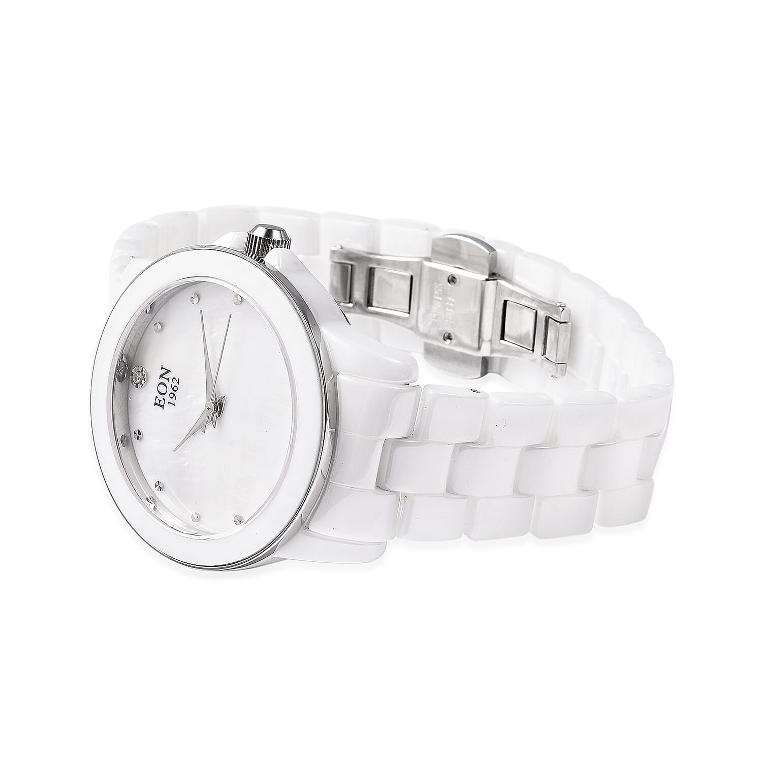 EON 1962 Swiss Movement Water Resistance Diamond Studded Watch with White Mother of Pearl Dial, Blue Sapphire and White Ceramic Strap in Silver Plating