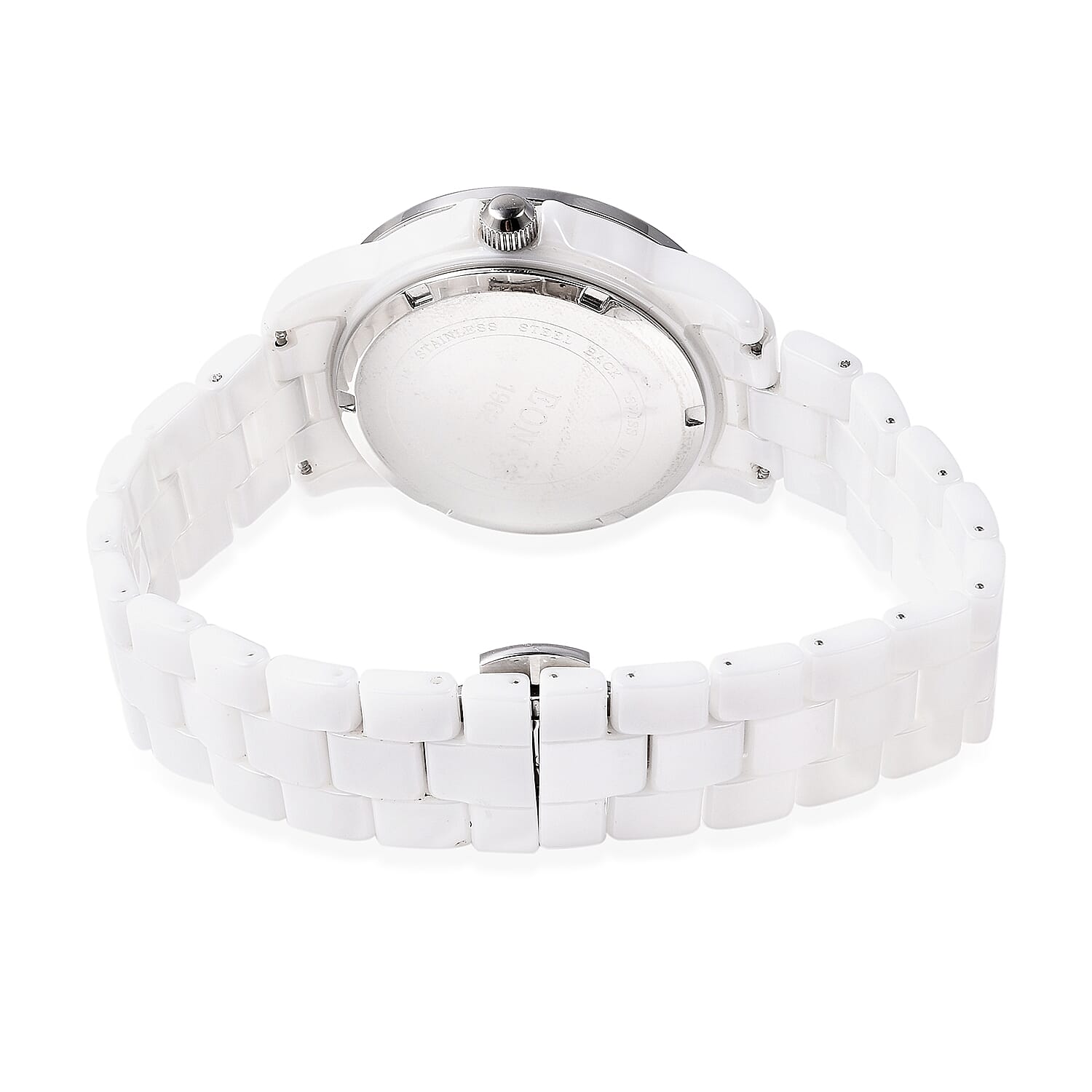 EON 1962 Swiss Movement Water Resistance Diamond Studded Watch with White Mother of Pearl Dial, Blue Sapphire and White Ceramic Strap in Silver Plating