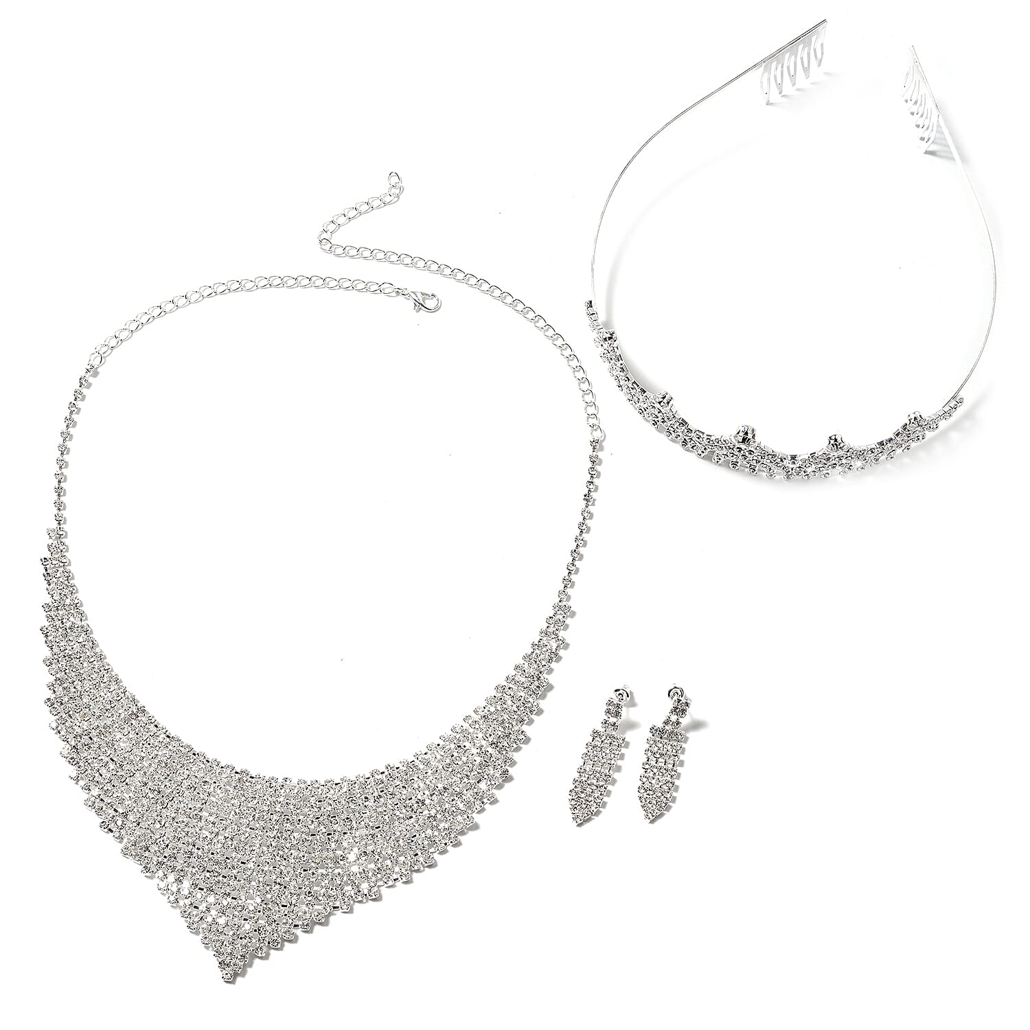3 Piece Set - White Austrian Crystal (Rnd) Waterfall Necklace (Size 16 with 7 inch Extender), Tiara and Earrings (with Push Back)