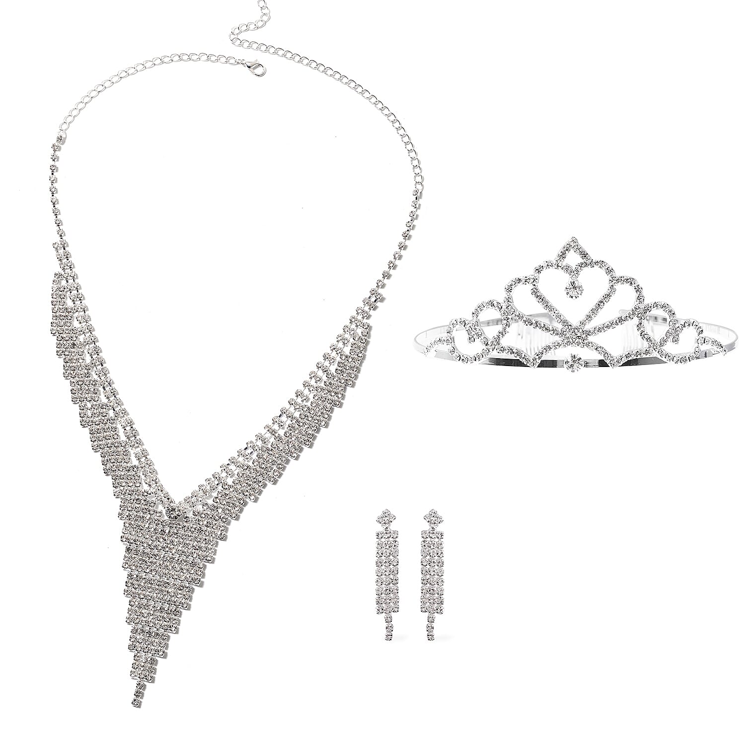 3 Piece Set - White Austrian Crystal (Rnd) Waterfall Necklace (Size 16 with 7 inch Extender), Tiara and Earrings (with Push Back)