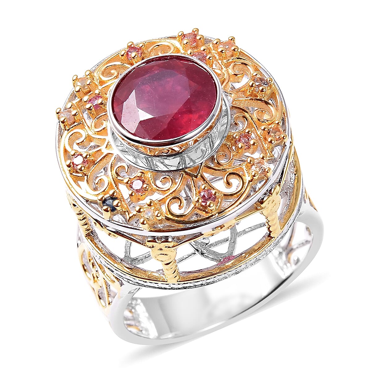 African Ruby and Multi Sapphire Ring in Vermeil Yellow Gold Plated Sterling Silver 4.15 Ct, Silver Wt 10.00 Gms
