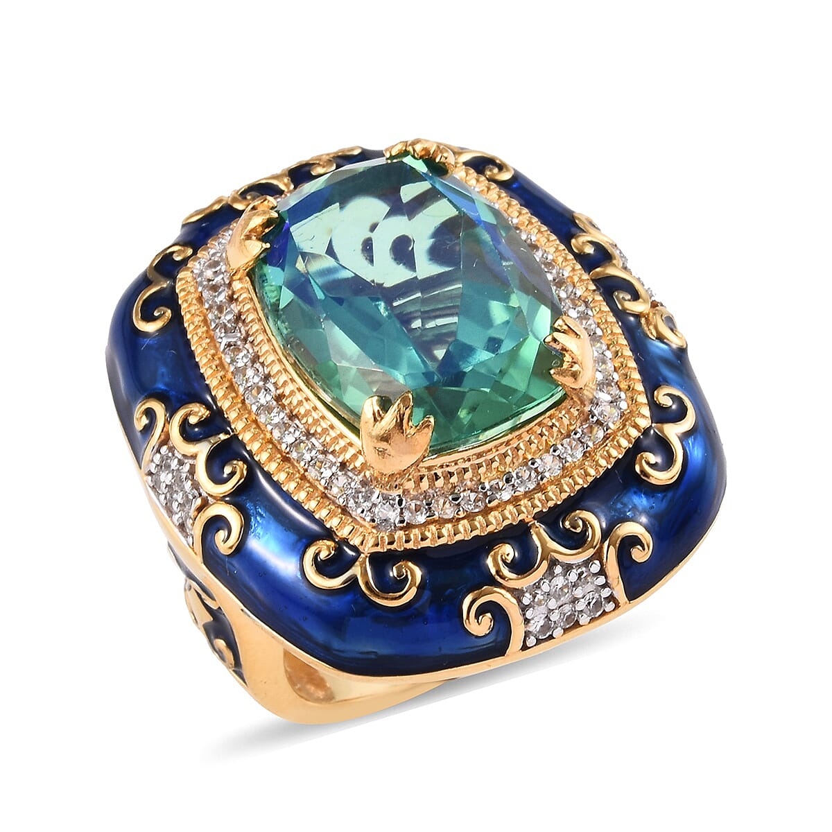 GP - Peacock Quartz, Natural Cambodian Zircon and Blue Sapphire Enamelled Ring in Platinum and Yellow Gold Overlay Sterling Silver 10.50 Ct, Silver wt 12.40 Gms