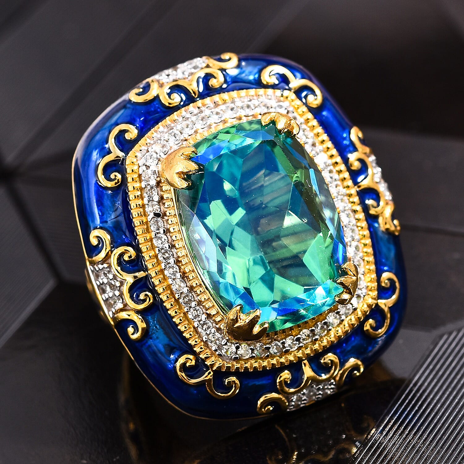 GP - Peacock Quartz, Natural Cambodian Zircon and Blue Sapphire Enamelled Ring in Platinum and Yellow Gold Overlay Sterling Silver 10.50 Ct, Silver wt 12.40 Gms