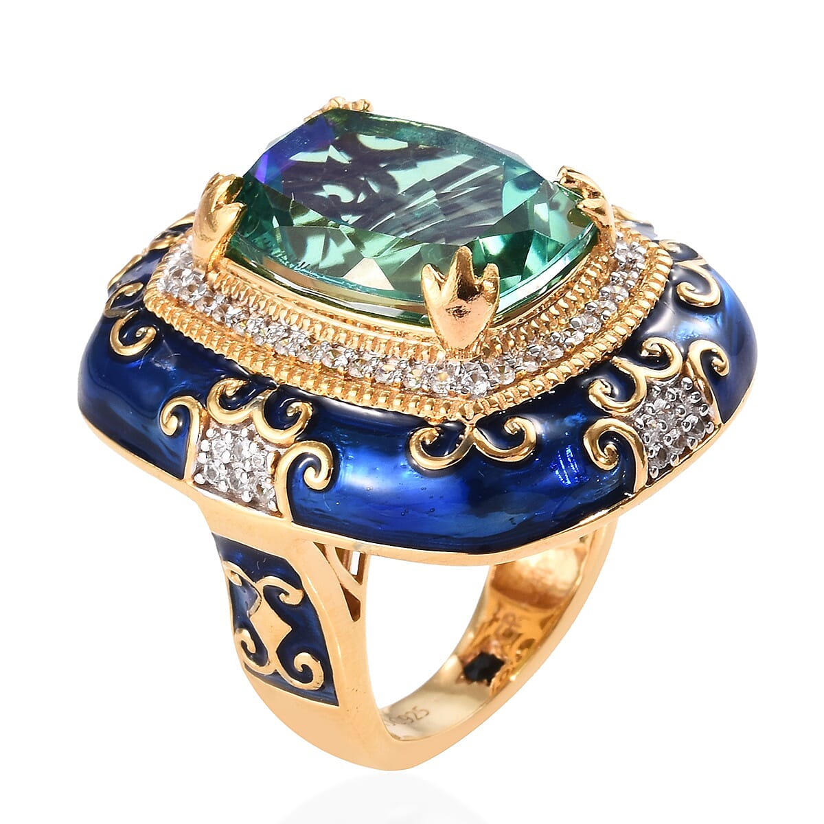 GP - Peacock Quartz, Natural Cambodian Zircon and Blue Sapphire Enamelled Ring in Platinum and Yellow Gold Overlay Sterling Silver 10.50 Ct, Silver wt 12.40 Gms