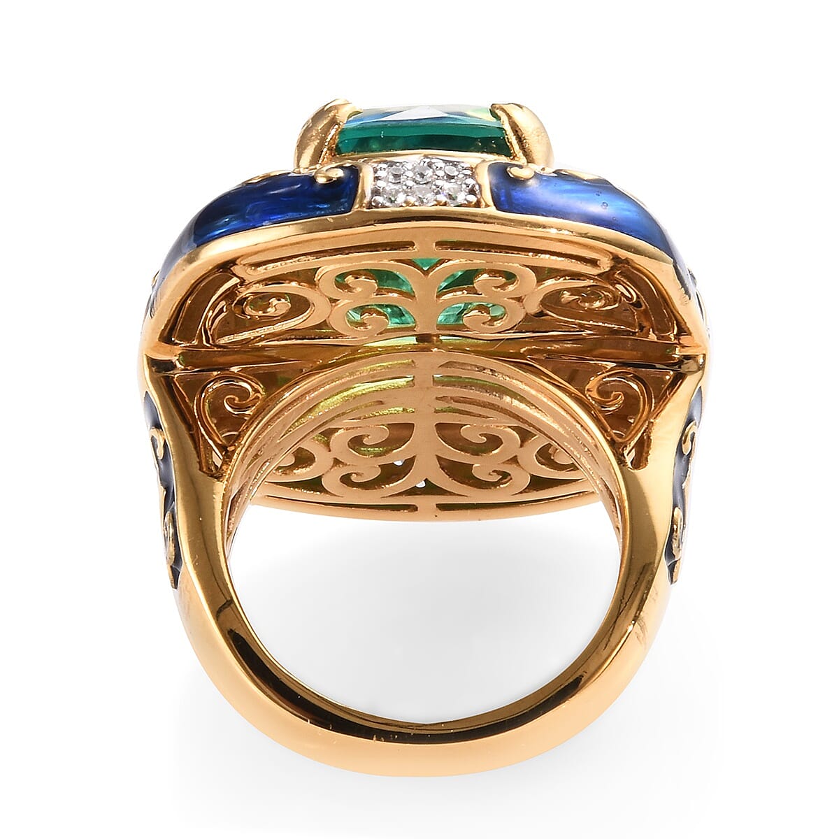 GP - Peacock Quartz, Natural Cambodian Zircon and Blue Sapphire Enamelled Ring in Platinum and Yellow Gold Overlay Sterling Silver 10.50 Ct, Silver wt 12.40 Gms
