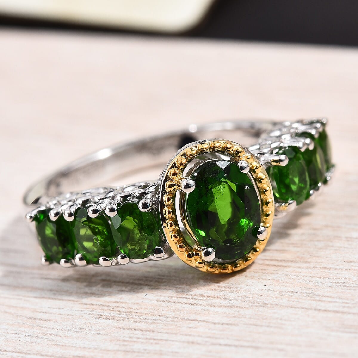 GP Chrome Diopside (Ovl), Blue Sapphire Ring in Platinum and Yellow Gold Overlay Sterling Silver 2.00 Ct.