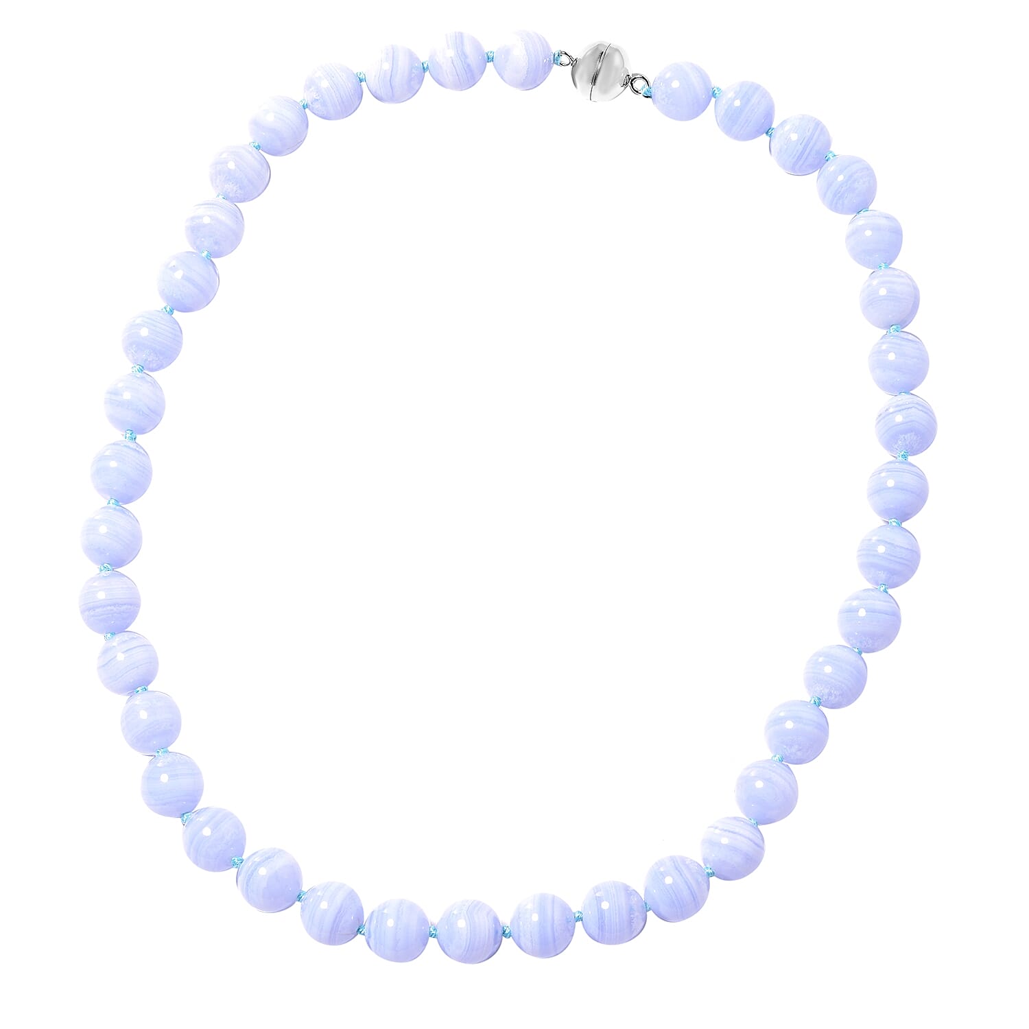Limited Available- Extremely Rare Colour AAA Blue Lace Agate (Rnd 11 to 13 mm) Necklace (Size 20) in Rhodium Overlay Sterling Silver 442.500 Ct.