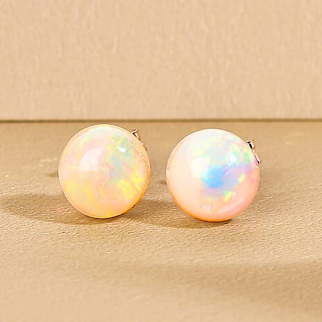 9K Yellow Gold AA Ethiopian Welo Opal Ball Stud Earrings with Push Back 1.07 Ct.