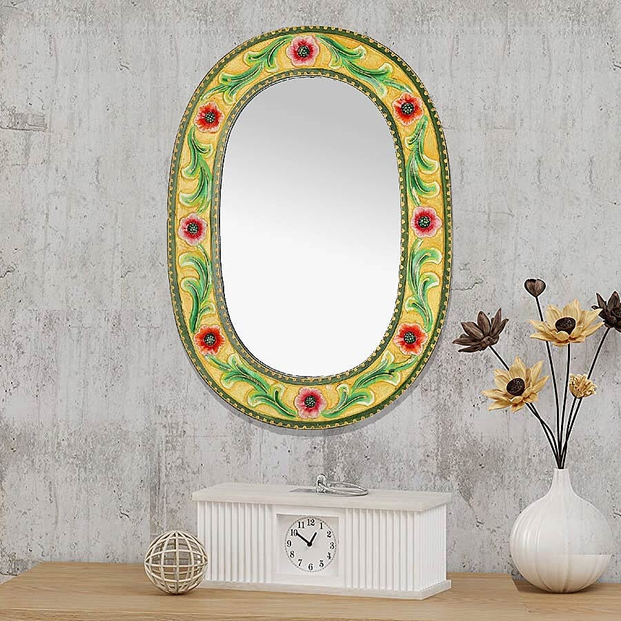 Home Decor - Nakkashi Handcarved and Handpainted Floral Vine Wall Mirror (Size 50.8x60 Cm)