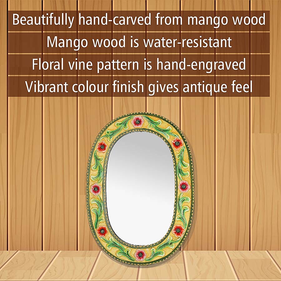 Home Decor - Nakkashi Handcarved and Handpainted Floral Vine Wall Mirror (Size 50.8x60 Cm)