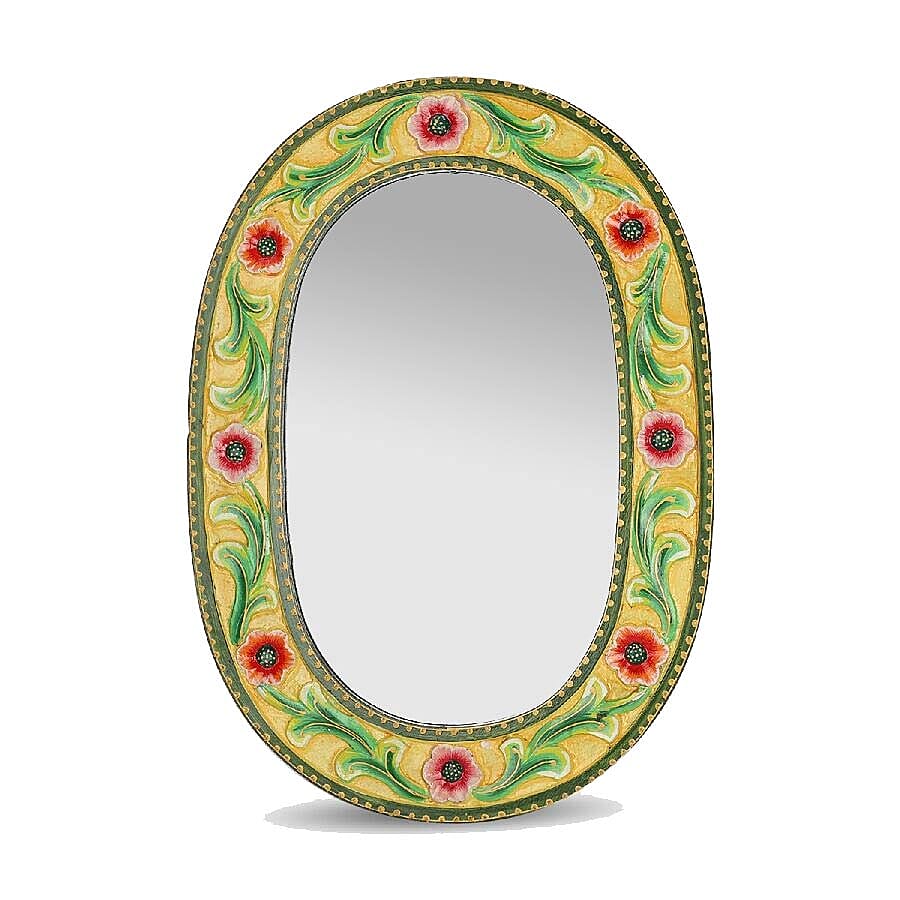 Home Decor - Nakkashi Handcarved and Handpainted Floral Vine Wall Mirror (Size 50.8x60 Cm)