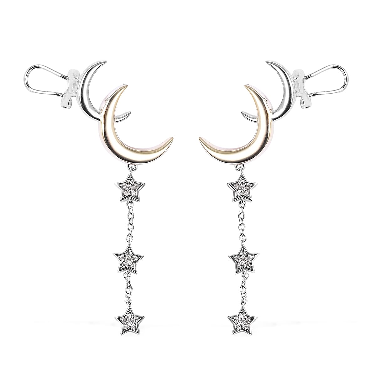 Isabella Liu - Twilight Collection - Natural Zircon Crescent Moon and Dangle Stars Earrings (with Push Back and Omega Clip) in Gold and Platinum Overlay Sterling Silver