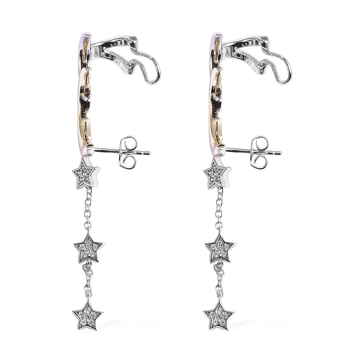 Isabella Liu - Twilight Collection - Natural Zircon Crescent Moon and Dangle Stars Earrings (with Push Back and Omega Clip) in Gold and Platinum Overlay Sterling Silver