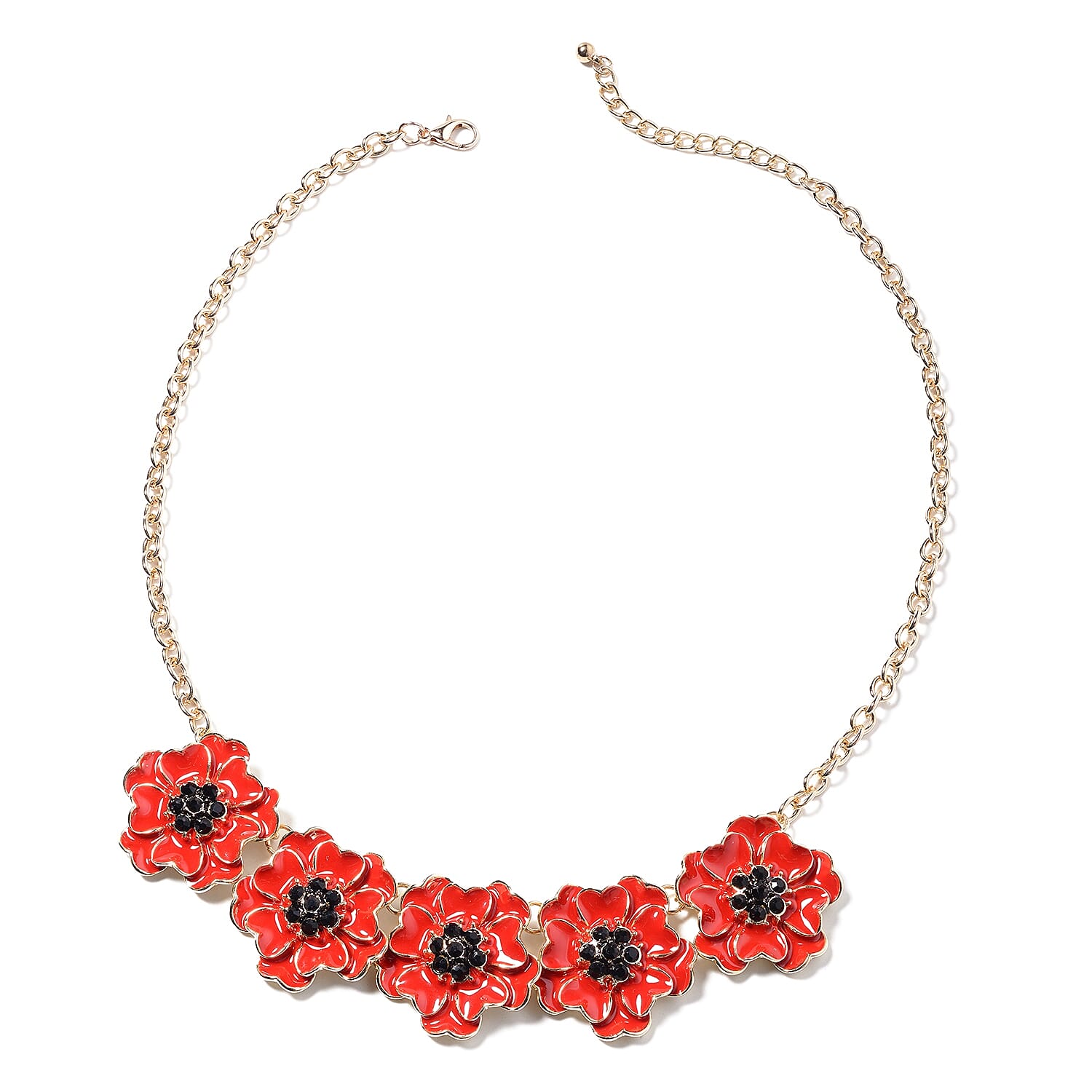 TJC  Design - Black Austrian Crystal (Rnd) Enamelled  Flower Necklace (Size 19.5 with 2.5 inch Extender) in Gold Tone