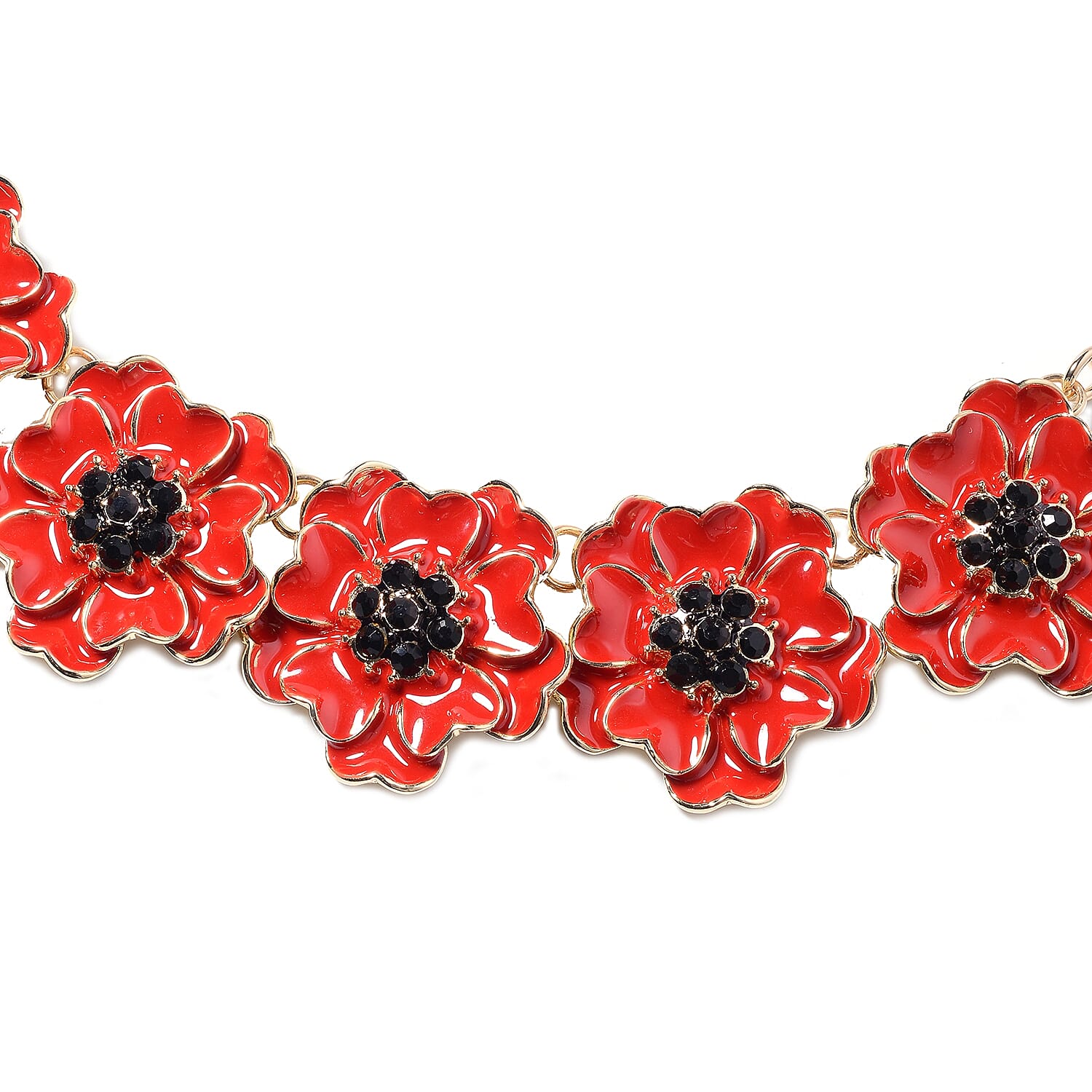 TJC  Design - Black Austrian Crystal (Rnd) Enamelled  Flower Necklace (Size 19.5 with 2.5 inch Extender) in Gold Tone