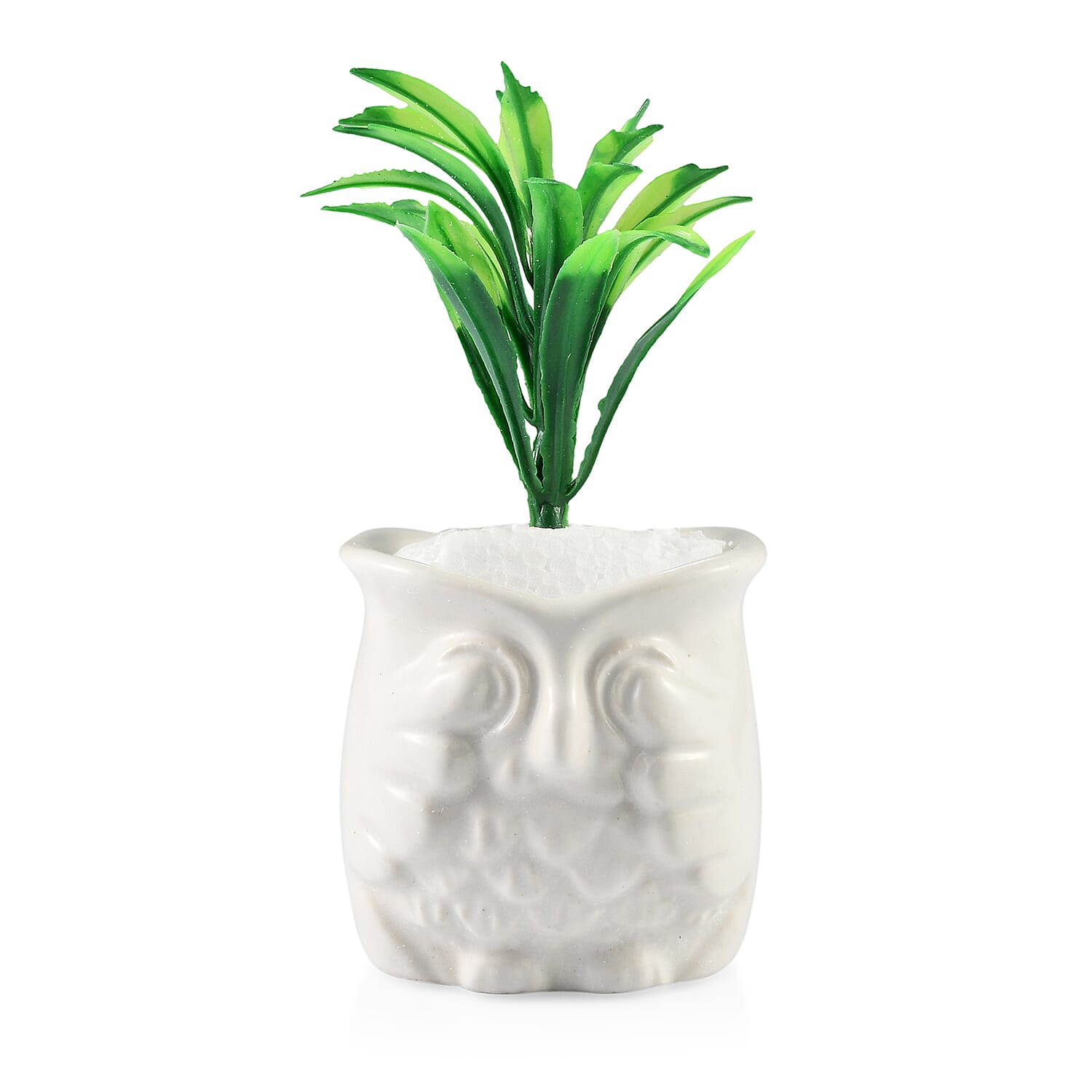 Home Decor - Set of 3 - Artificial Mini Plants in Ceramic Owl Pots (Size 6x4.5 Cm) - White
