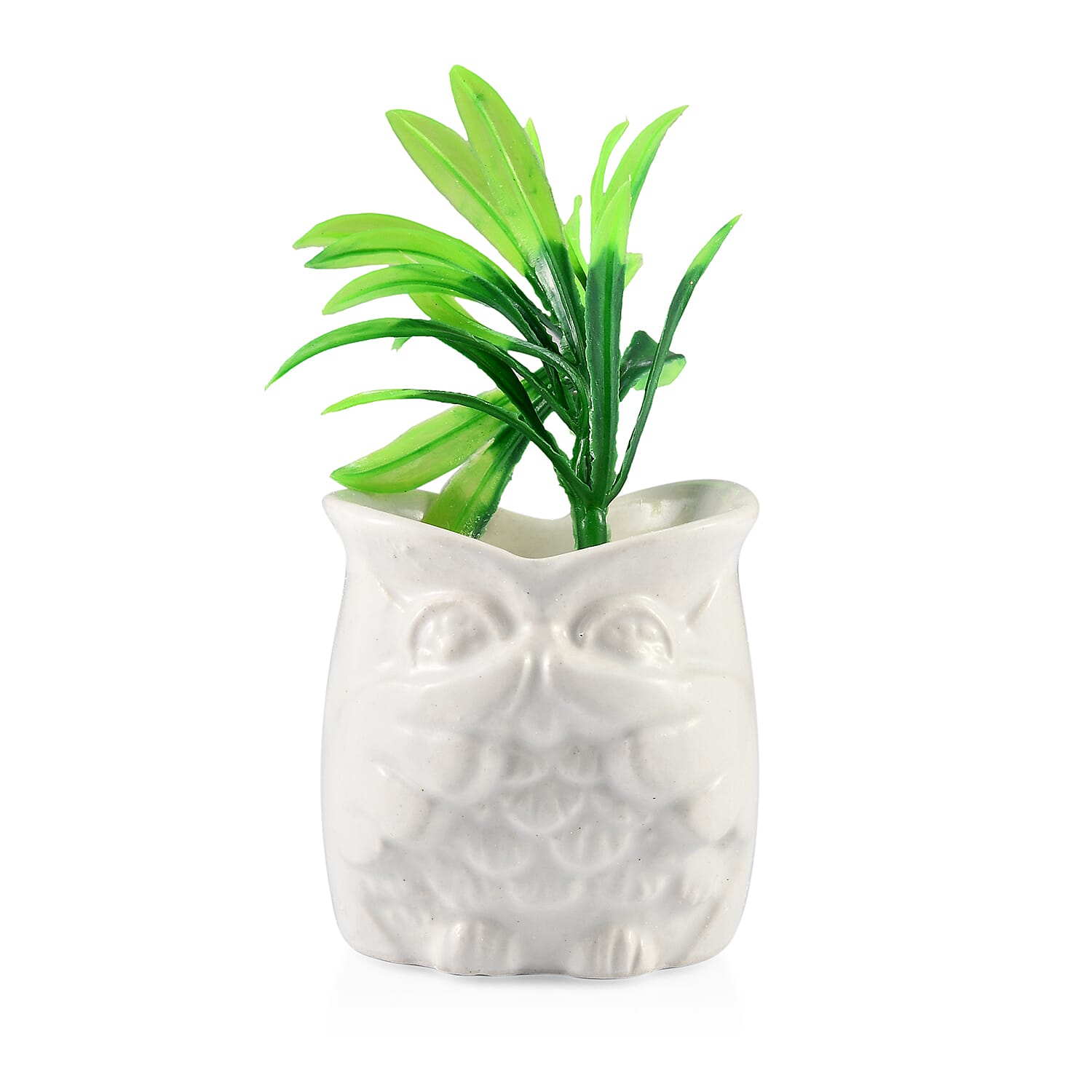 Home Decor - Set of 3 - Artificial Mini Plants in Ceramic Owl Pots (Size 6x4.5 Cm) - White
