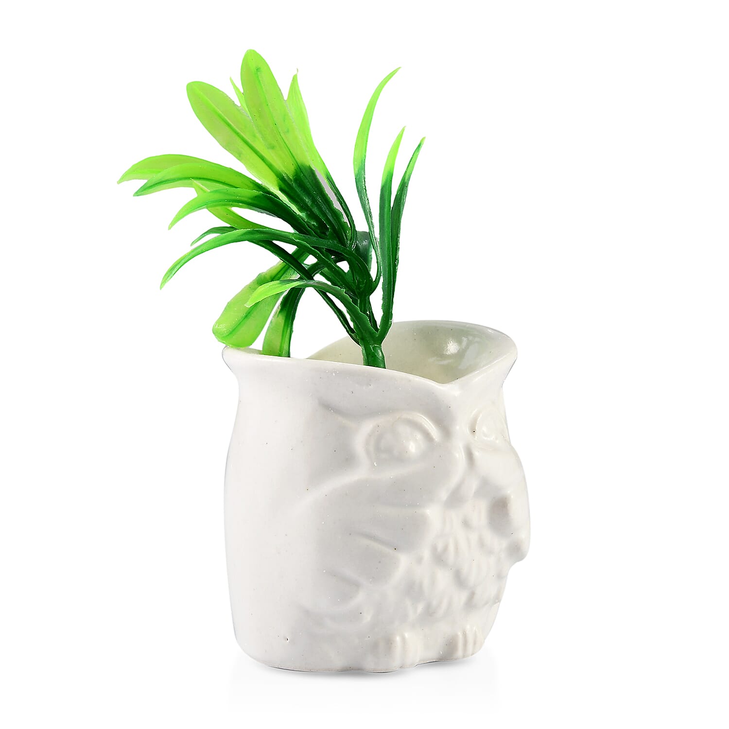 Home Decor - Set of 3 - Artificial Mini Plants in Ceramic Owl Pots (Size 6x4.5 Cm) - White