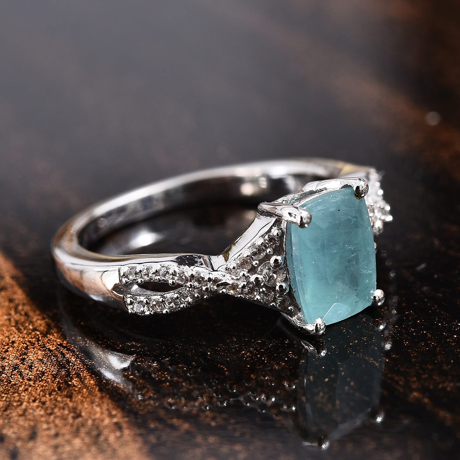 Grandidierite (Cush), Natural Cambodian Zircon Ring in Platinum Overlay Sterling Silver 1.50 Ct.