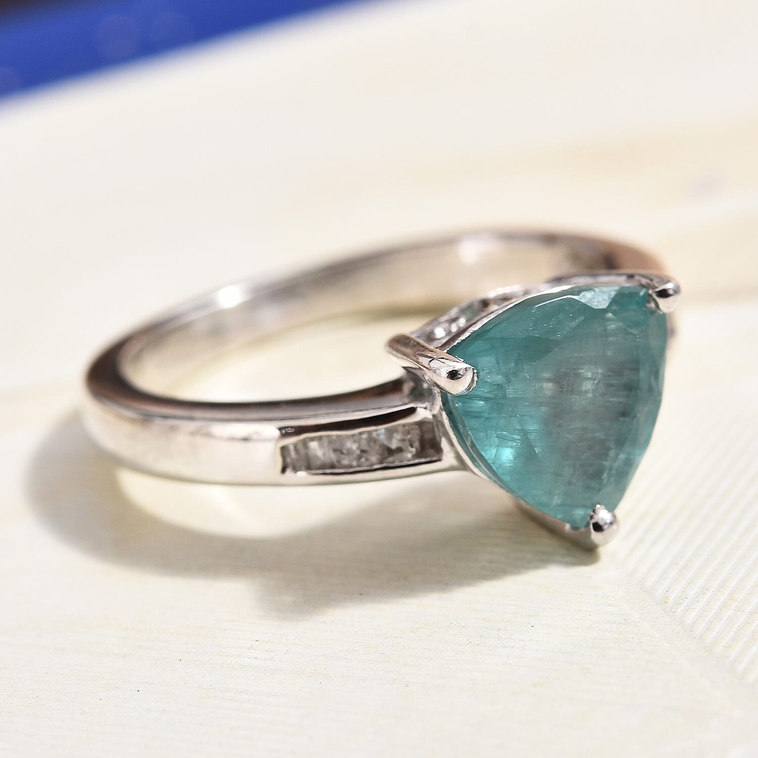 Extremely Rare Size Grandidierite Trillion (1.70 Carat), Diamond Solitaire Ring in Platinum Overlay Sterling Silver 1.75 Ct.