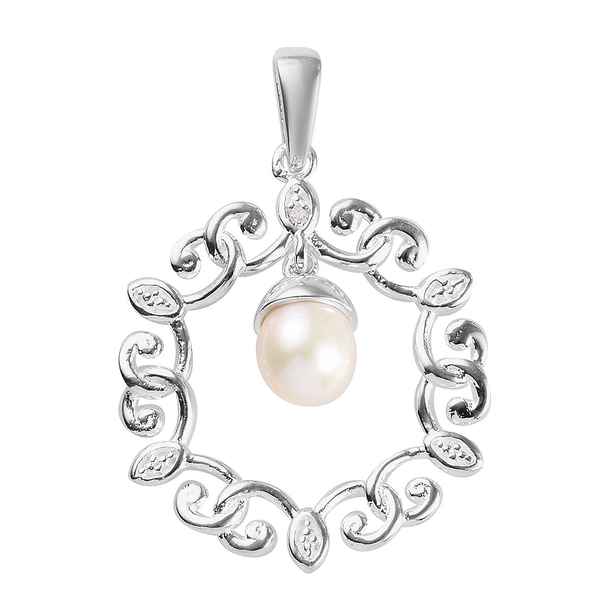 Freshwater Pearl and Diamond Fleur de lis Link Pendant in Sterling Silver
