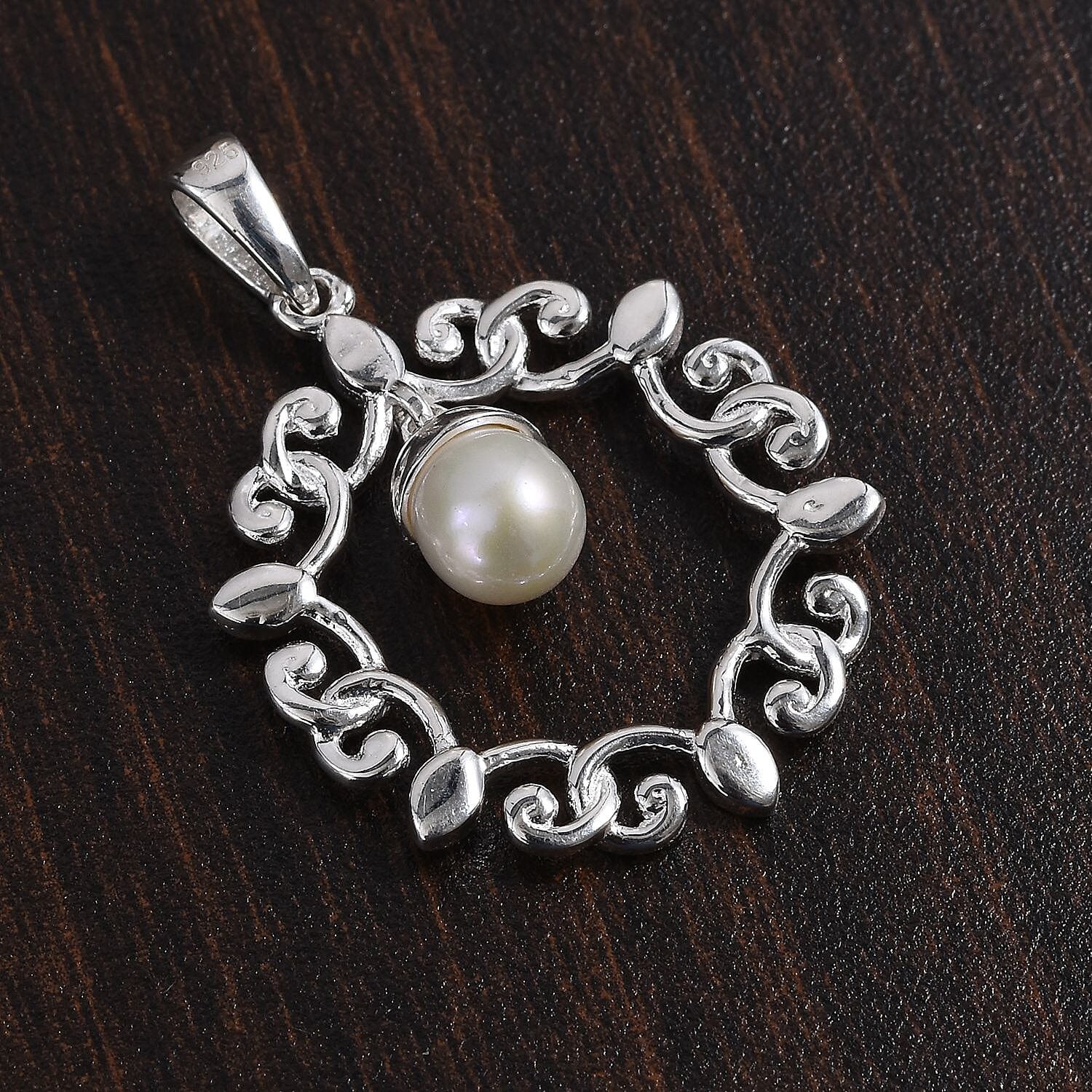 Freshwater Pearl and Diamond Fleur de lis Link Pendant in Sterling Silver