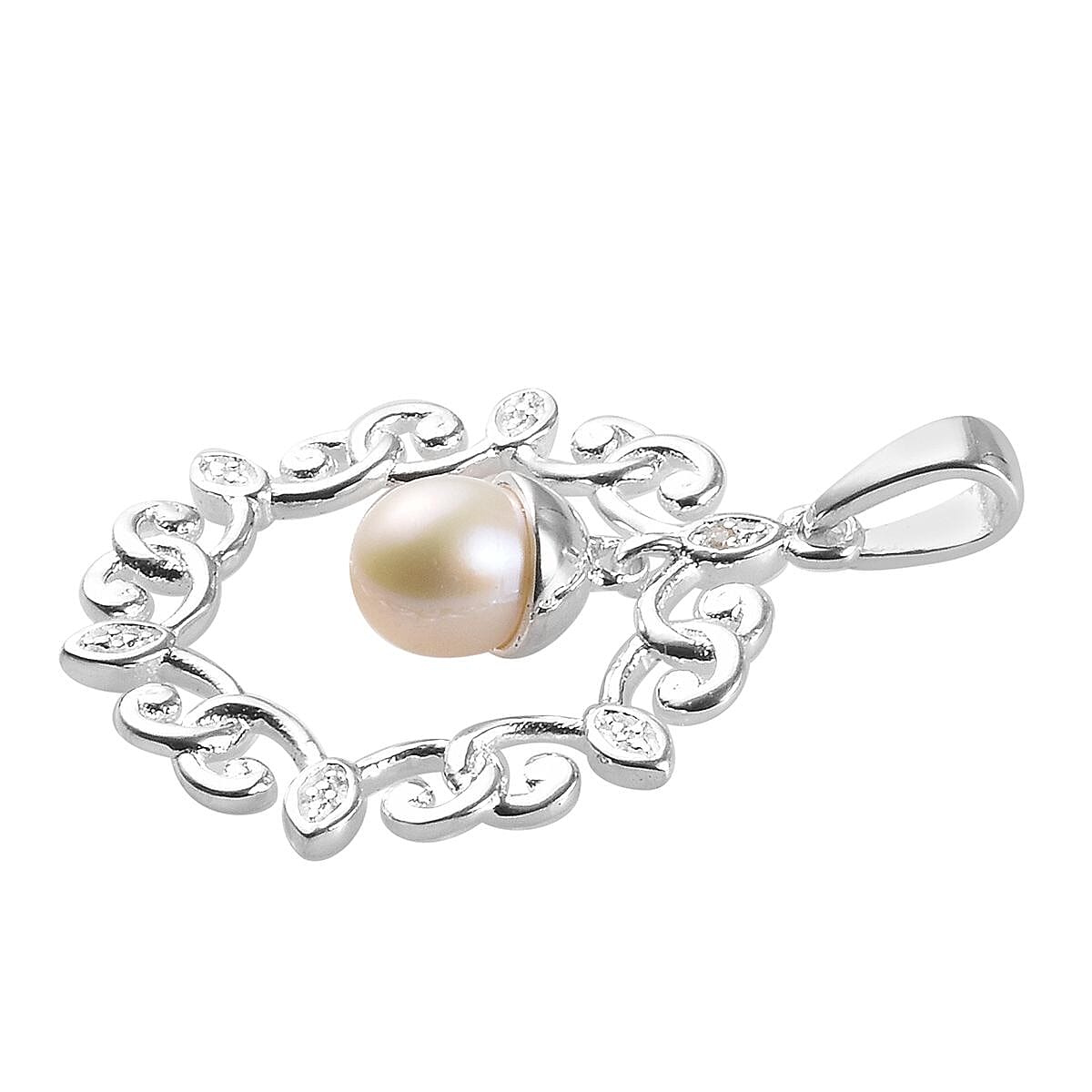 Freshwater Pearl and Diamond Fleur de lis Link Pendant in Sterling Silver