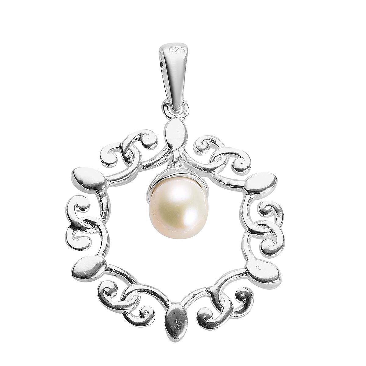 Freshwater Pearl and Diamond Fleur de lis Link Pendant in Sterling Silver