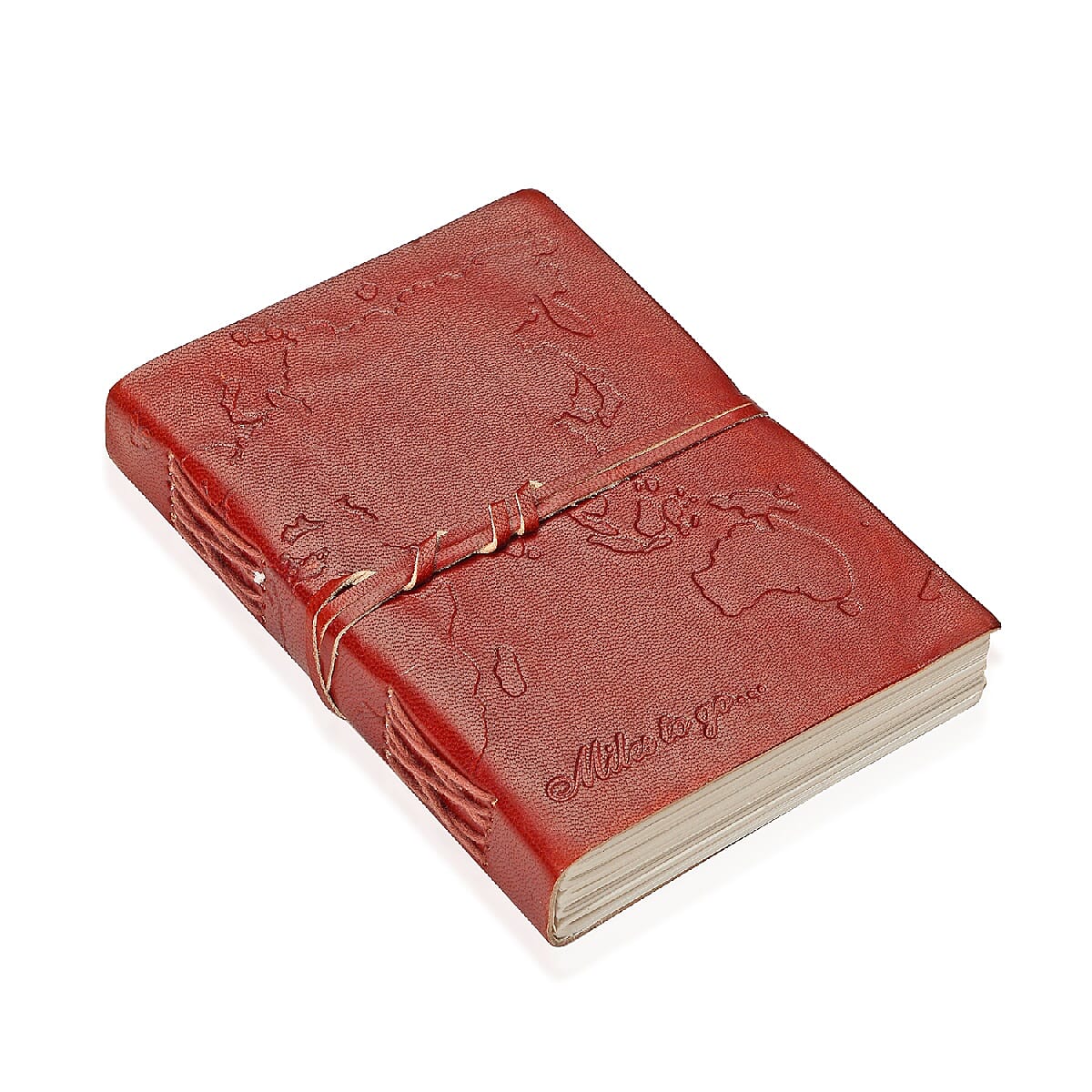Embossed Leather Diary with Strap - Miles To Go (Size 17.78x12.7 Cm) - Red
