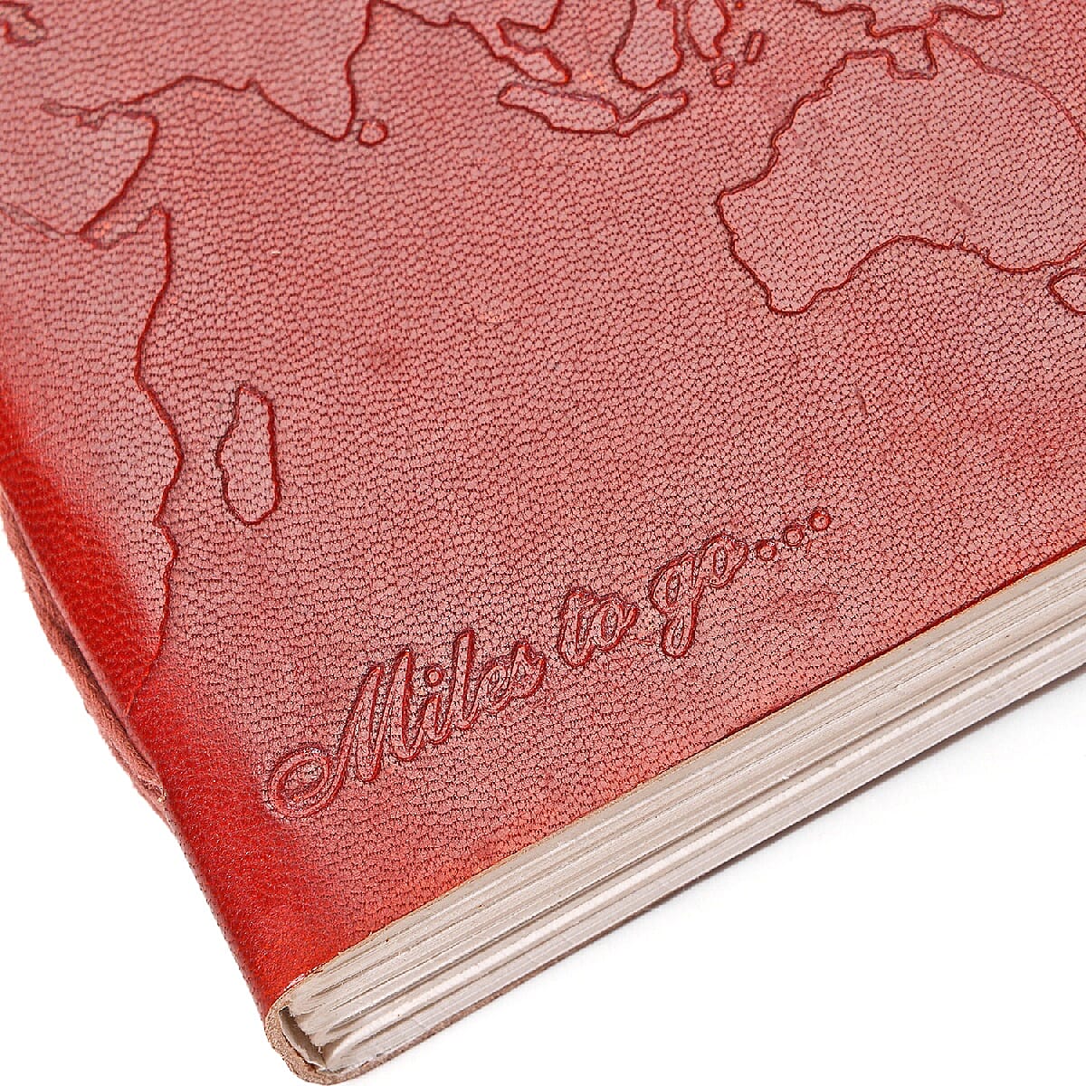 Embossed Leather Diary with Strap - Miles To Go (Size 17.78x12.7 Cm) - Red