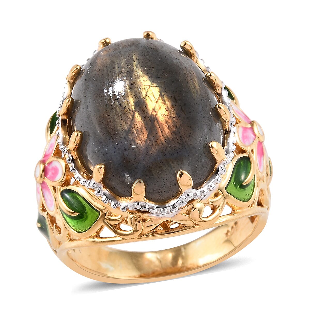 100% Natural Fire Labradorite (Ovl 18x13 mm) Enamelled Ring in 14K Gold Overlay Sterling Silver 13.00 Ct, Silver wt 5.88 Gms