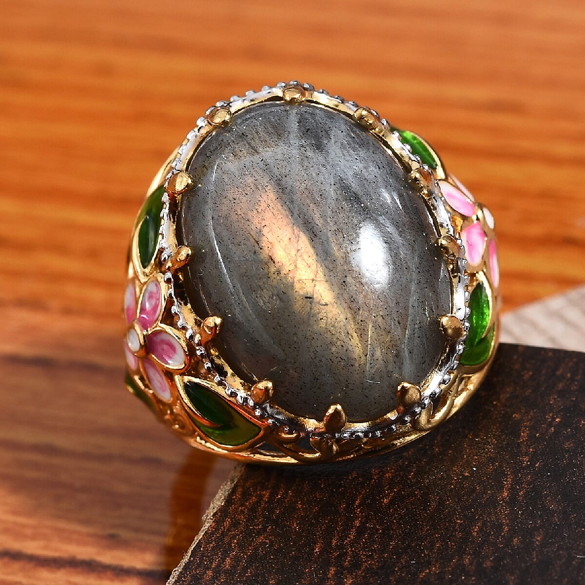 100% Natural Fire Labradorite (Ovl 18x13 mm) Enamelled Ring in 14K Gold Overlay Sterling Silver 13.00 Ct, Silver wt 5.88 Gms