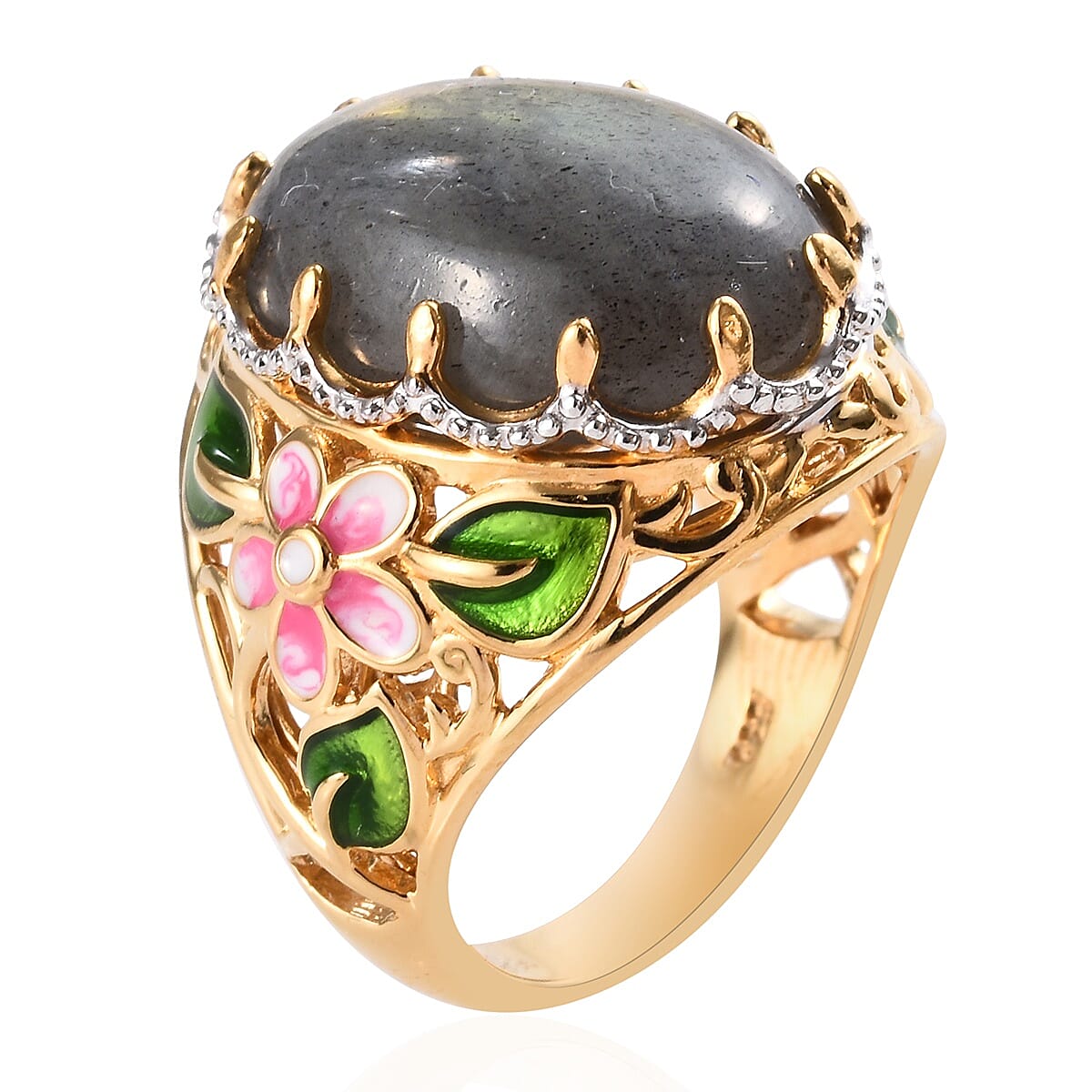 100% Natural Fire Labradorite (Ovl 18x13 mm) Enamelled Ring in 14K Gold Overlay Sterling Silver 13.00 Ct, Silver wt 5.88 Gms
