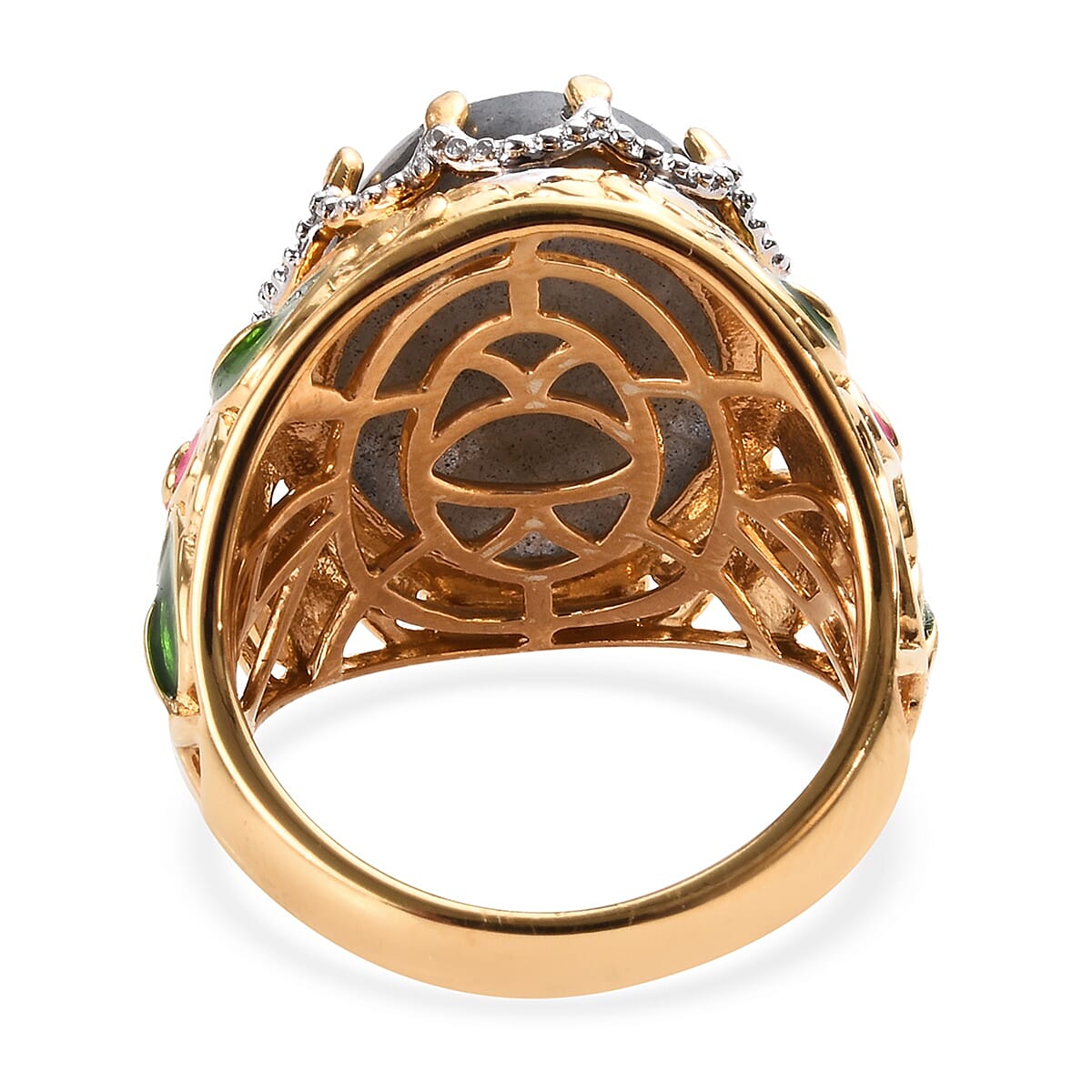 100% Natural Fire Labradorite (Ovl 18x13 mm) Enamelled Ring in 14K Gold Overlay Sterling Silver 13.00 Ct, Silver wt 5.88 Gms