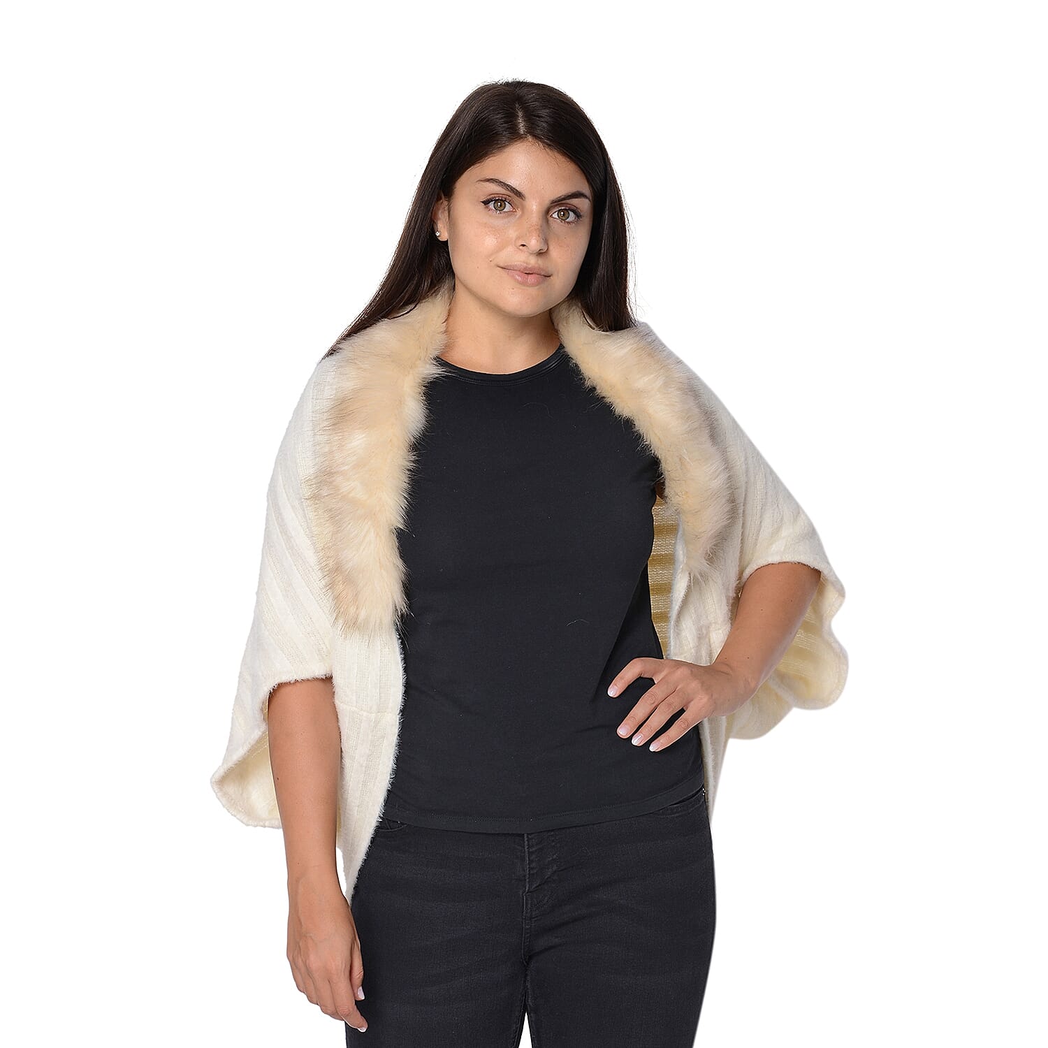 Ultra Soft Winter Kimono with Faux Fur Collar (Size 85x45 Cm)- Off White