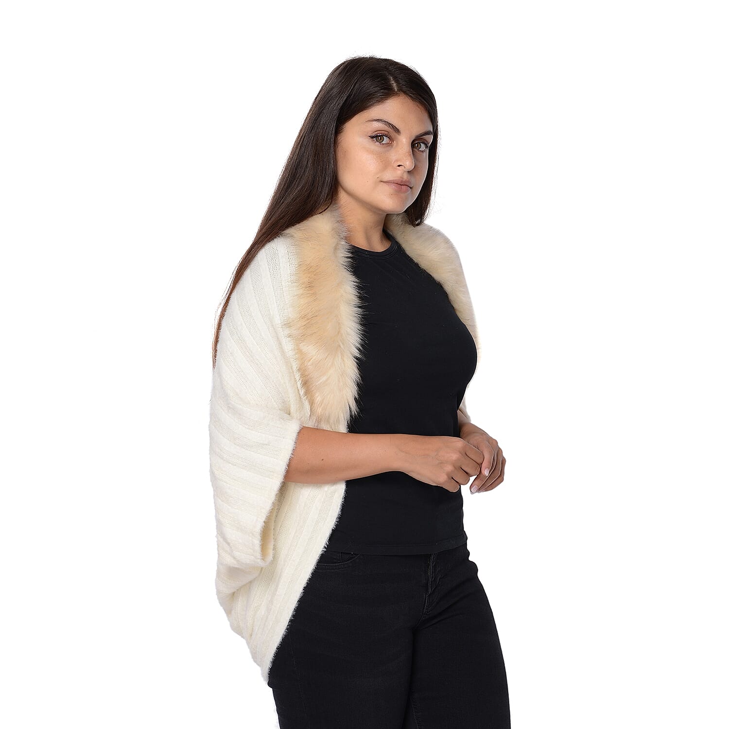 Ultra Soft Winter Kimono with Faux Fur Collar (Size 85x45 Cm)- Off White