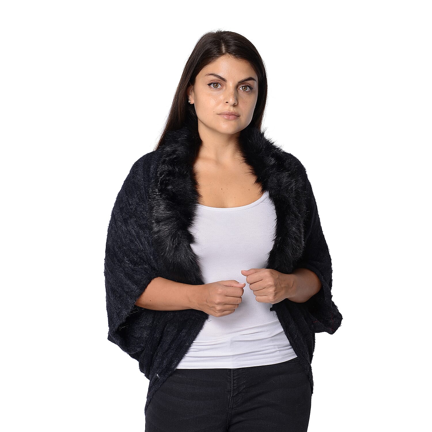 Ultra Soft Winter Kimono with Faux Fur Collar (Size 85x45 Cm)- Black