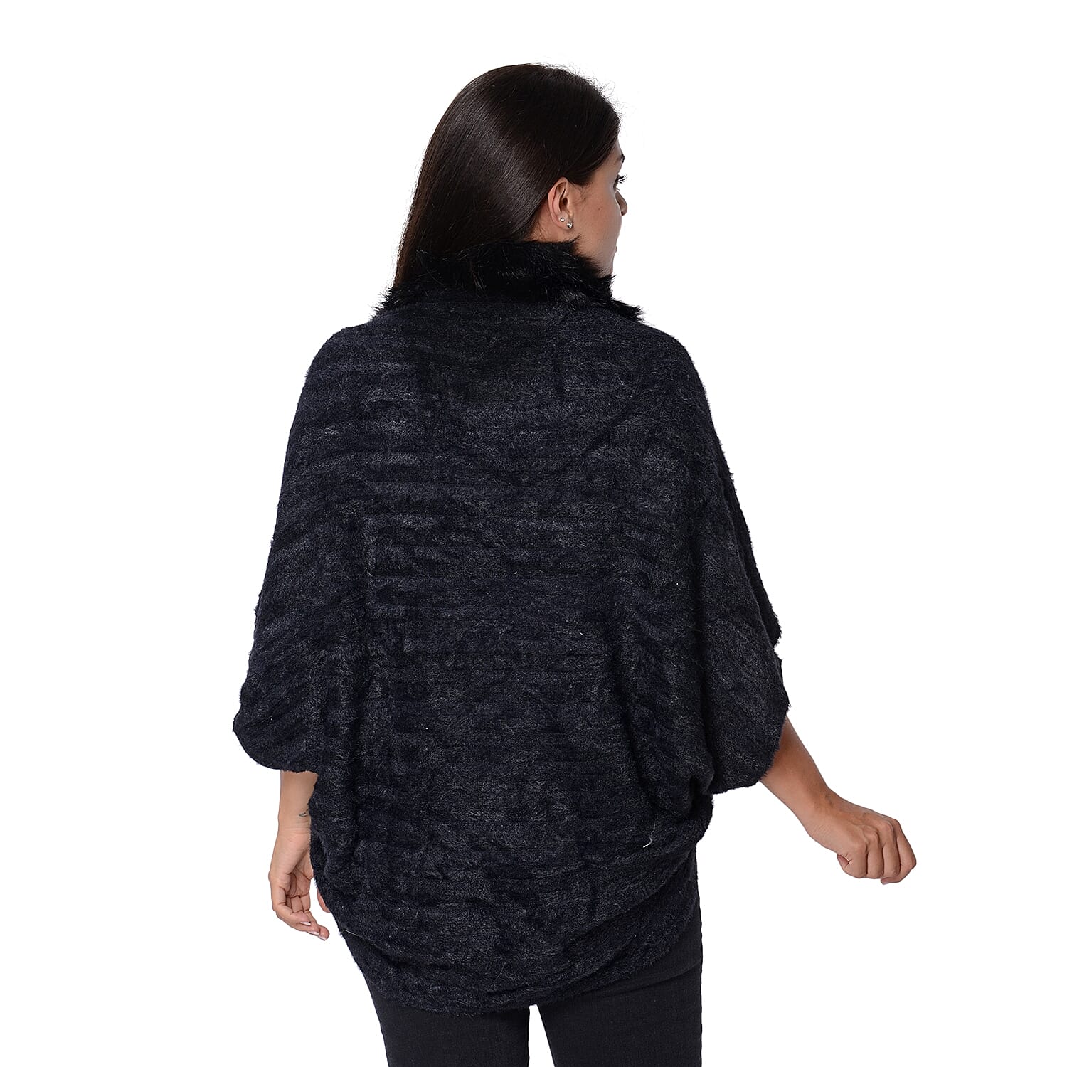 Ultra Soft Winter Kimono with Faux Fur Collar (Size 85x45 Cm)- Black