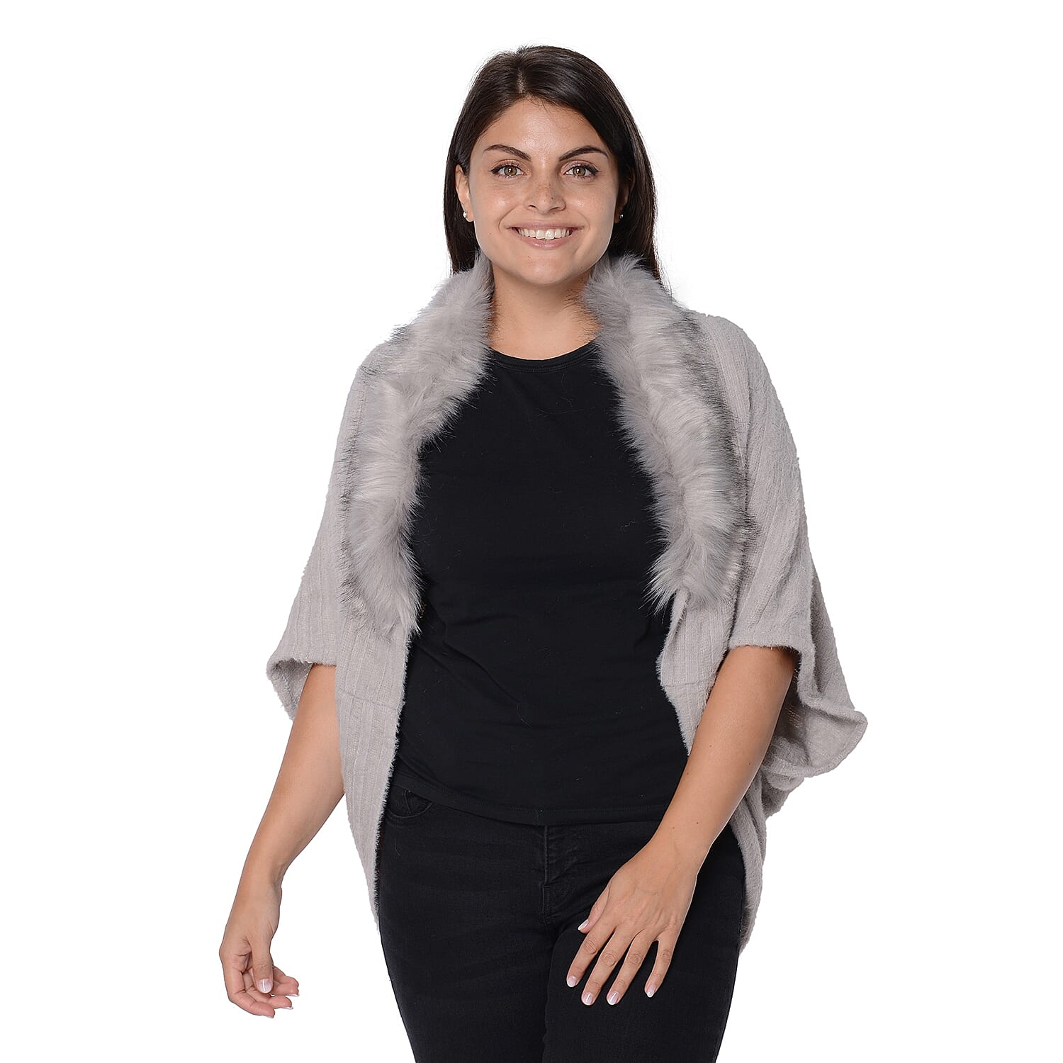 Ultra Soft Winter Kimono with Faux Fur Collar (Size 85x45 Cm)- Grey