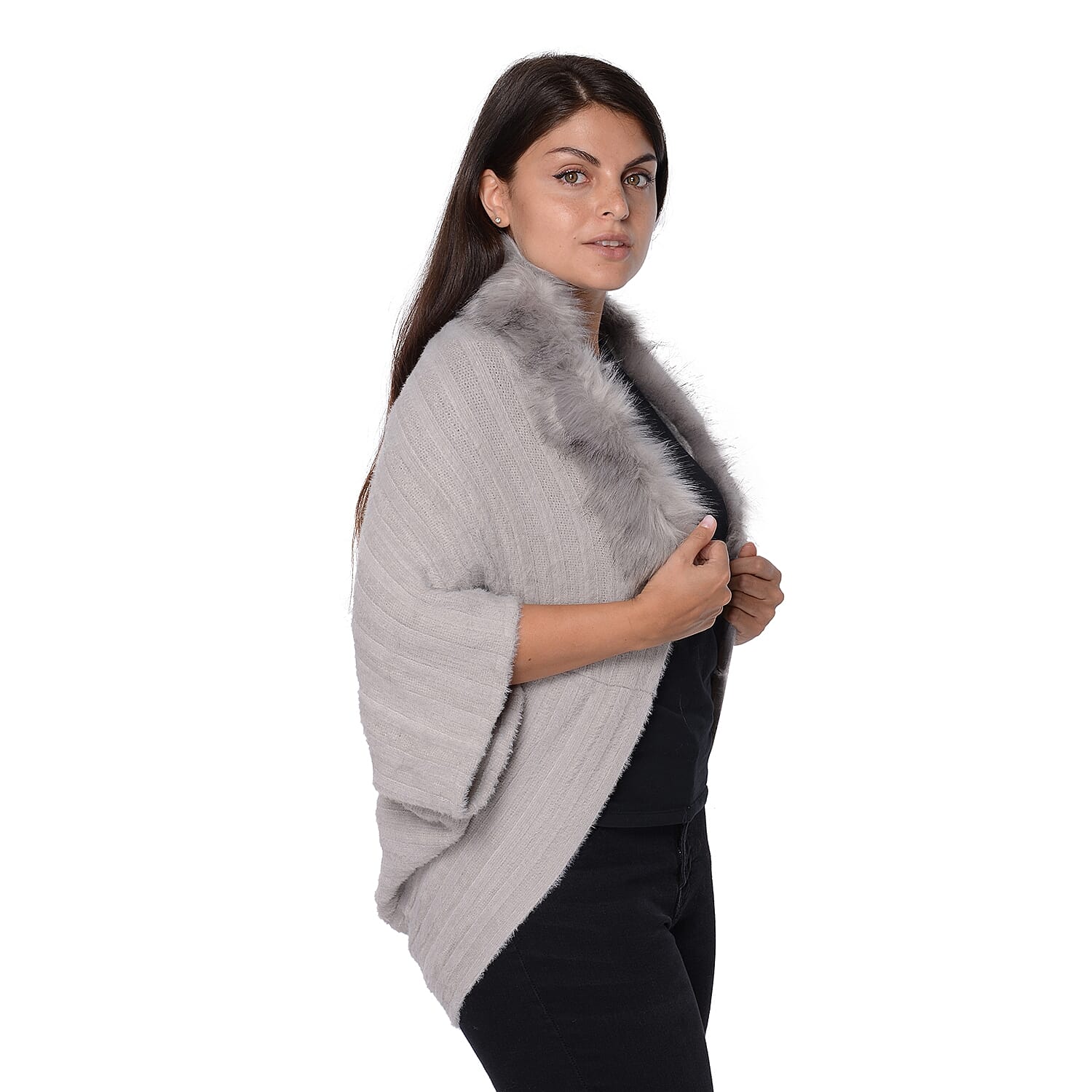 Ultra Soft Winter Kimono with Faux Fur Collar (Size 85x45 Cm)- Grey