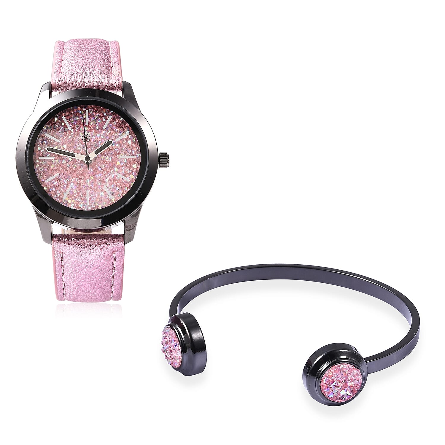 2 Piece Set - STRADA Japanese Movement Water Resistant Simulated Pink AB Crystal Watch and Cuff Bangle (Size 7) - Pink