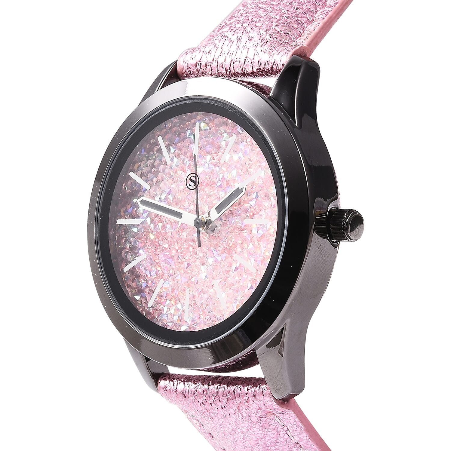 2 Piece Set - STRADA Japanese Movement Water Resistant Simulated Pink AB Crystal Watch and Cuff Bangle (Size 7) - Pink