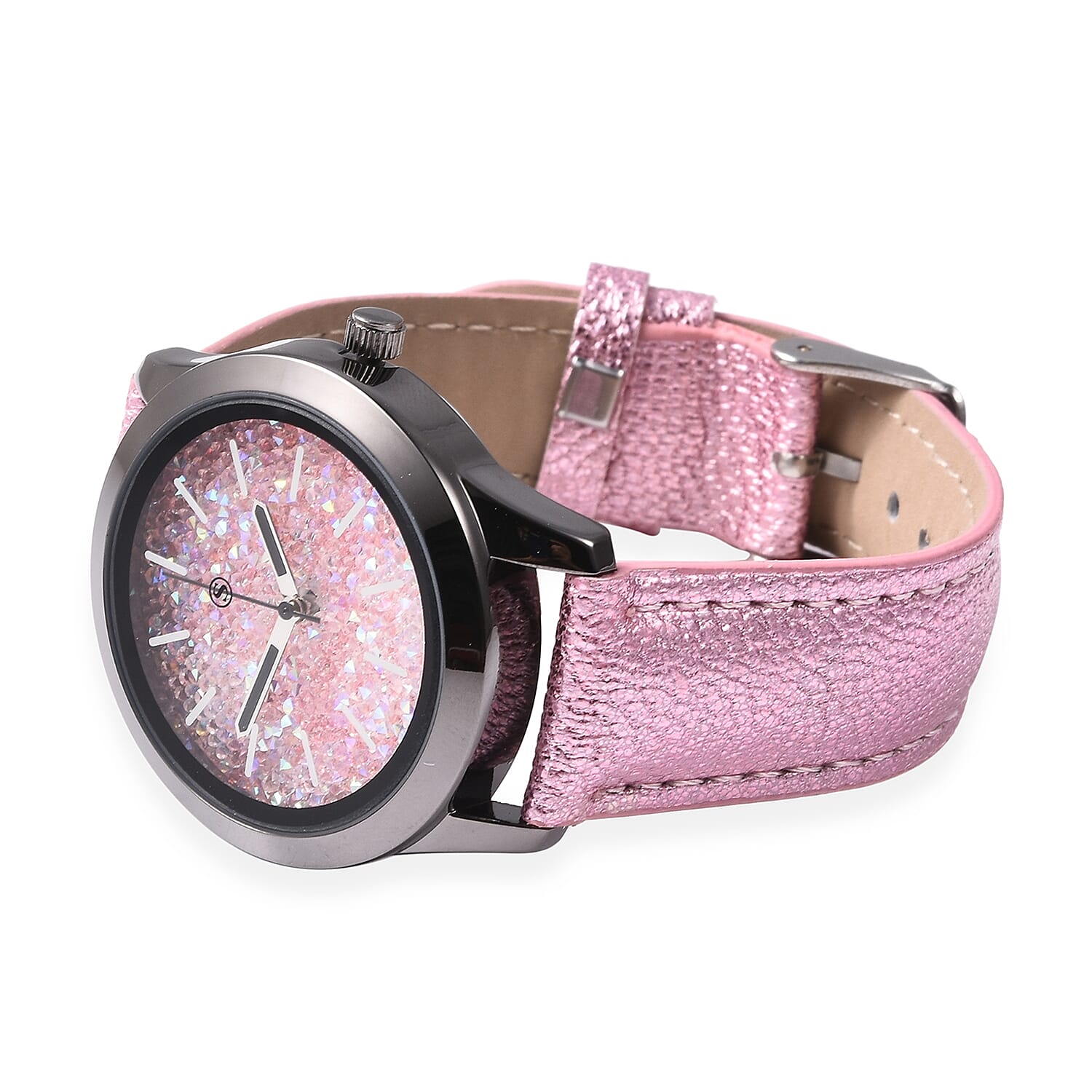 2 Piece Set - STRADA Japanese Movement Water Resistant Simulated Pink AB Crystal Watch and Cuff Bangle (Size 7) - Pink