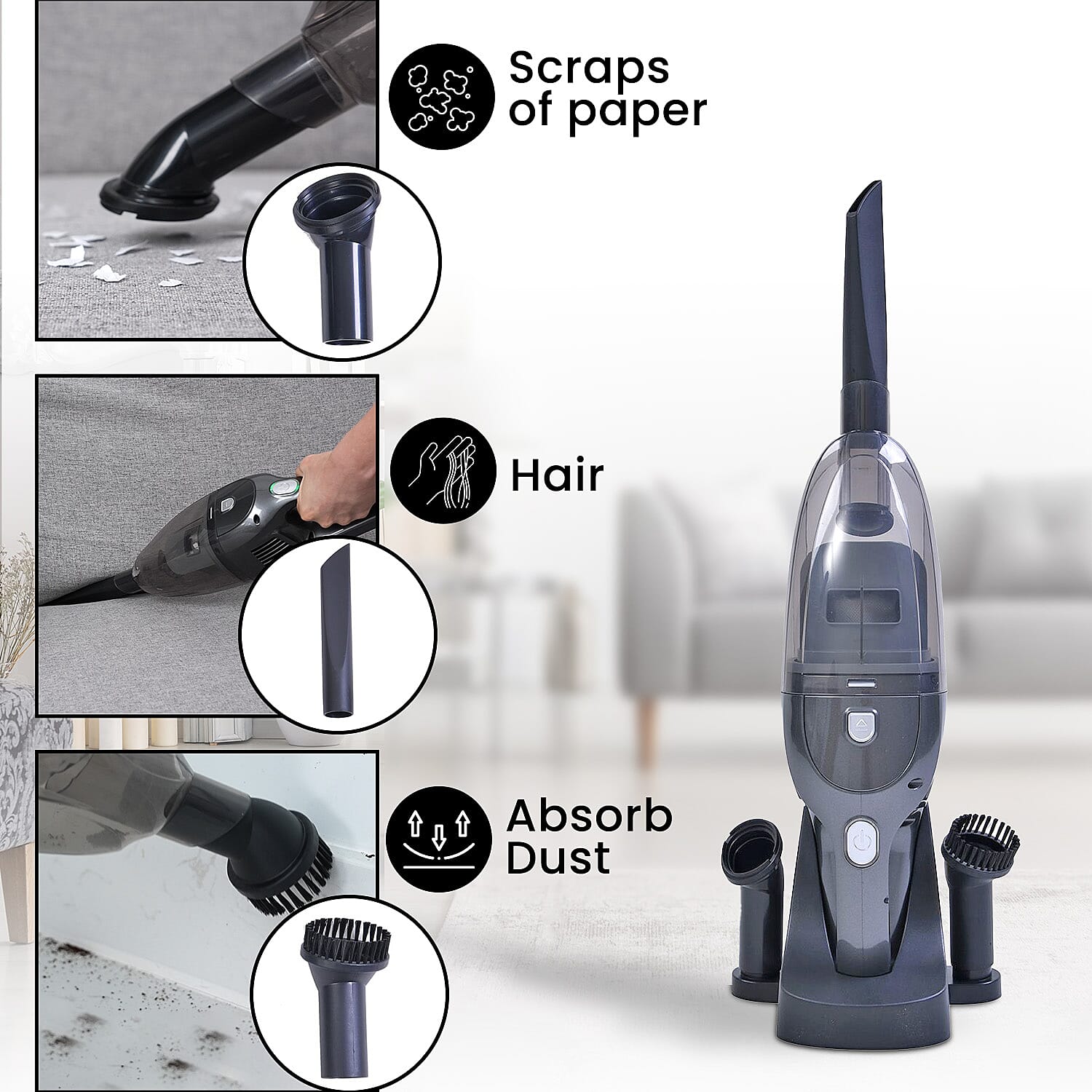 Cordless Handheld Wet & Dry Vacuum Cleaner Includes Nozzle, Round Brush, Water Nozzle and Charging Base - 60W - Black