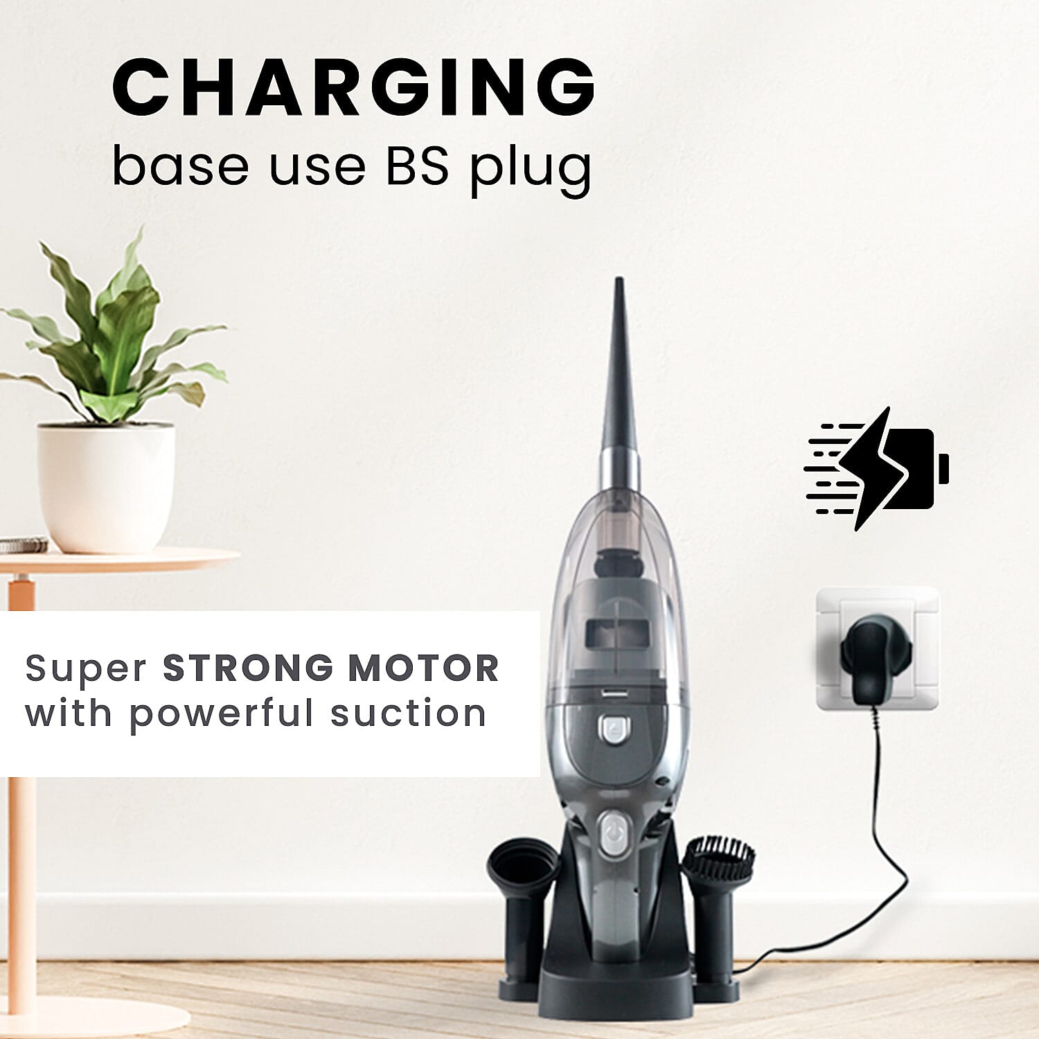 Cordless Handheld Wet & Dry Vacuum Cleaner Includes Nozzle, Round Brush, Water Nozzle and Charging Base - 60W - Black