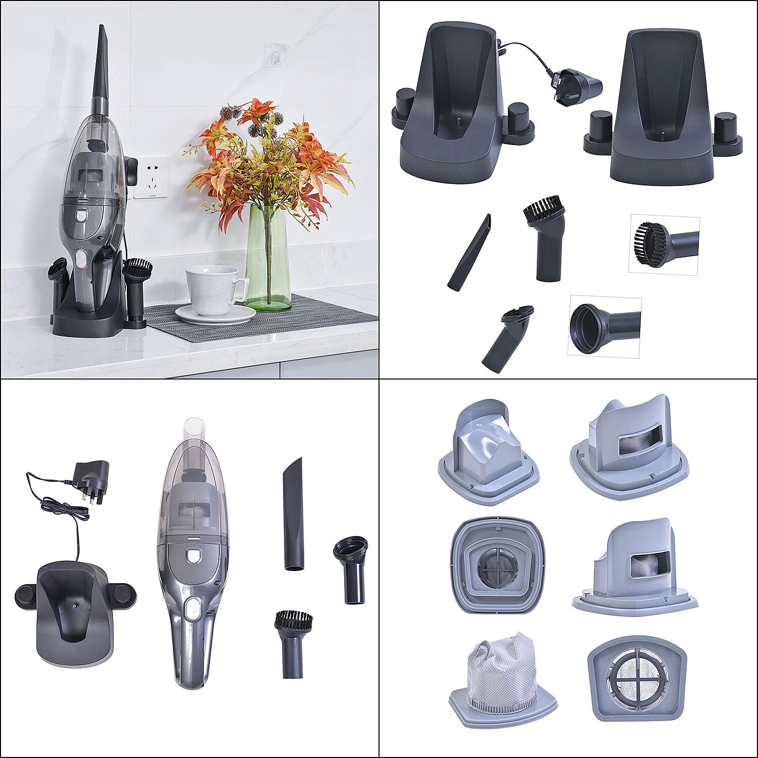 Cordless Handheld Wet & Dry Vacuum Cleaner Includes Nozzle, Round Brush, Water Nozzle and Charging Base - 60W - Black