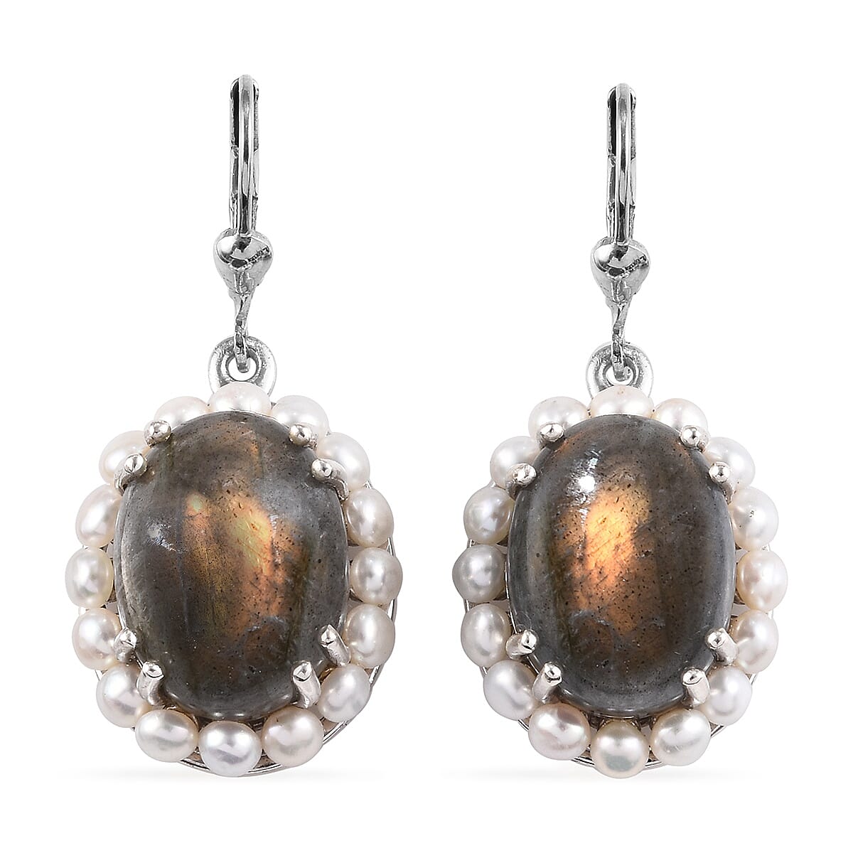 100% Natural Fire Labradorite (Ovl 16x12 mm), Freshwater Pearl Lever Back Earrings in Platinum Overlay Sterling Silver 22.25 Ct.