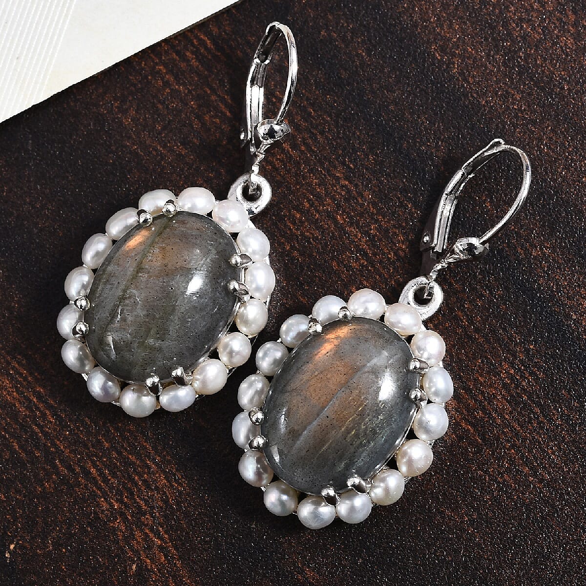 100% Natural Fire Labradorite (Ovl 16x12 mm), Freshwater Pearl Lever Back Earrings in Platinum Overlay Sterling Silver 22.25 Ct.