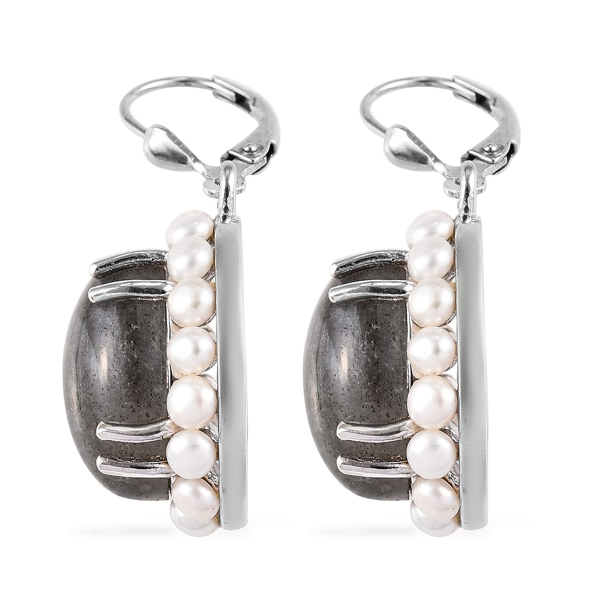 100% Natural Fire Labradorite (Ovl 16x12 mm), Freshwater Pearl Lever Back Earrings in Platinum Overlay Sterling Silver 22.25 Ct.