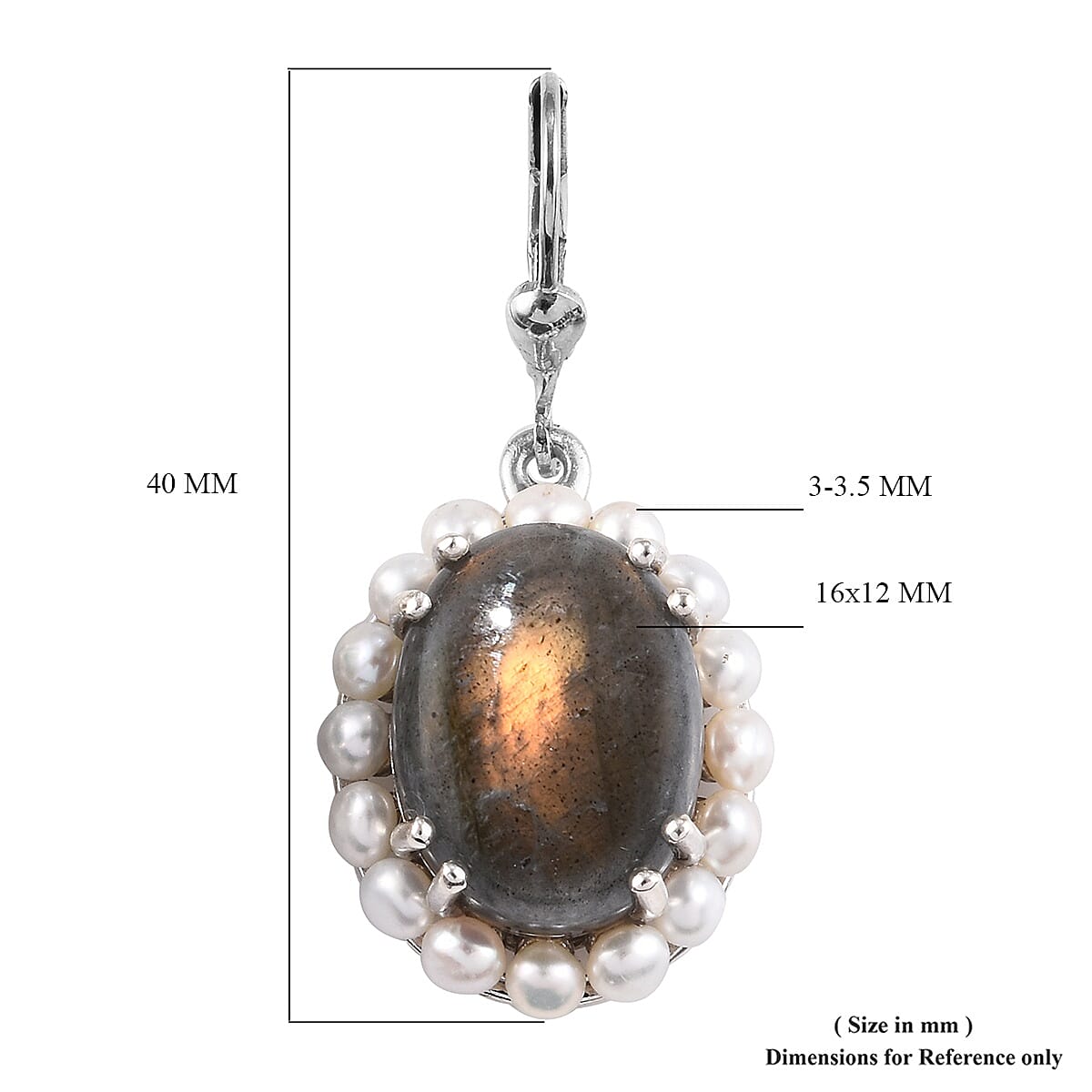 100% Natural Fire Labradorite (Ovl 16x12 mm), Freshwater Pearl Lever Back Earrings in Platinum Overlay Sterling Silver 22.25 Ct.